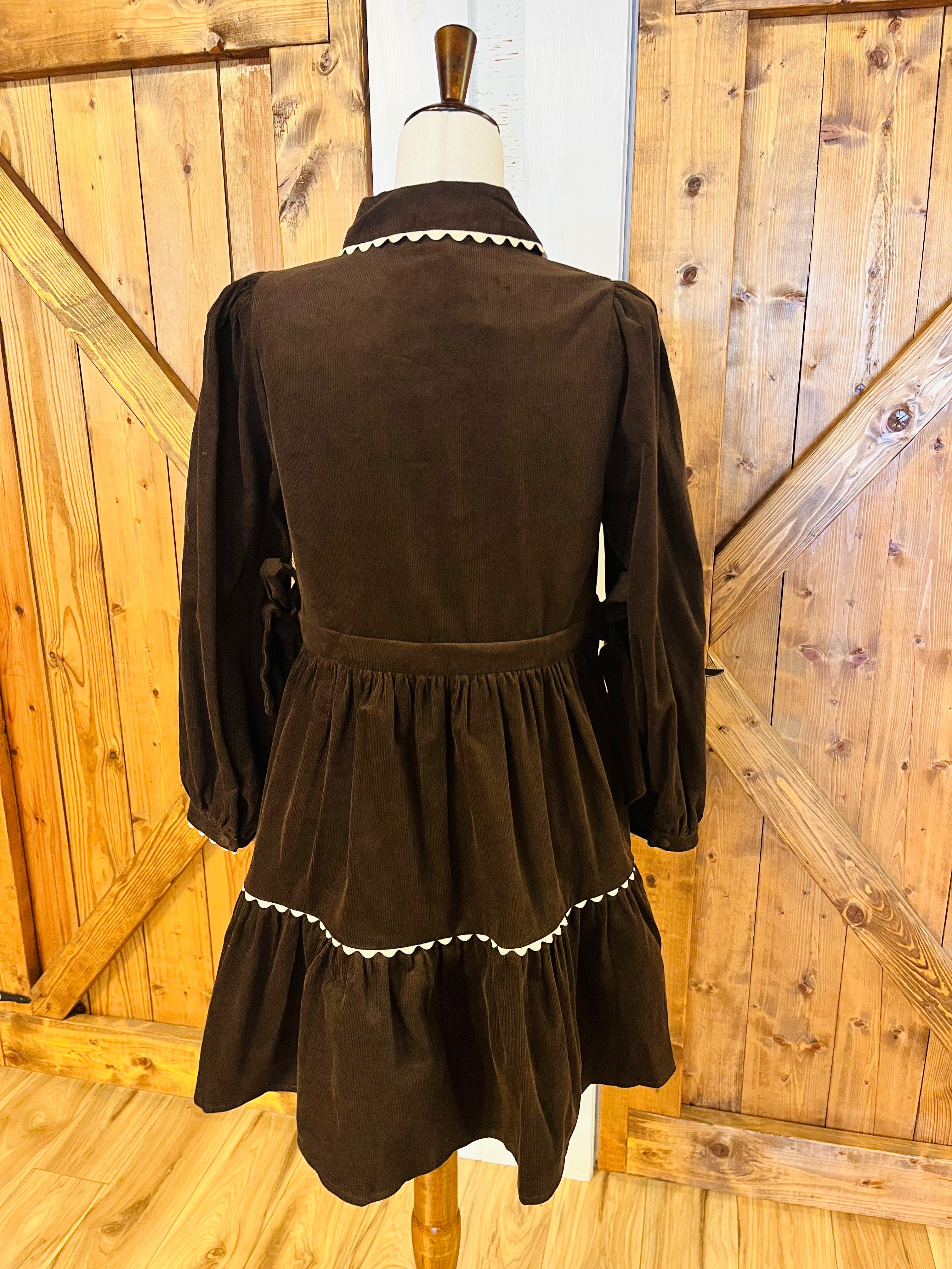 Women’s Jodifl Brown Button Down Long Sleeve Corduroy Dress with Scalloped Trim- True to Size
