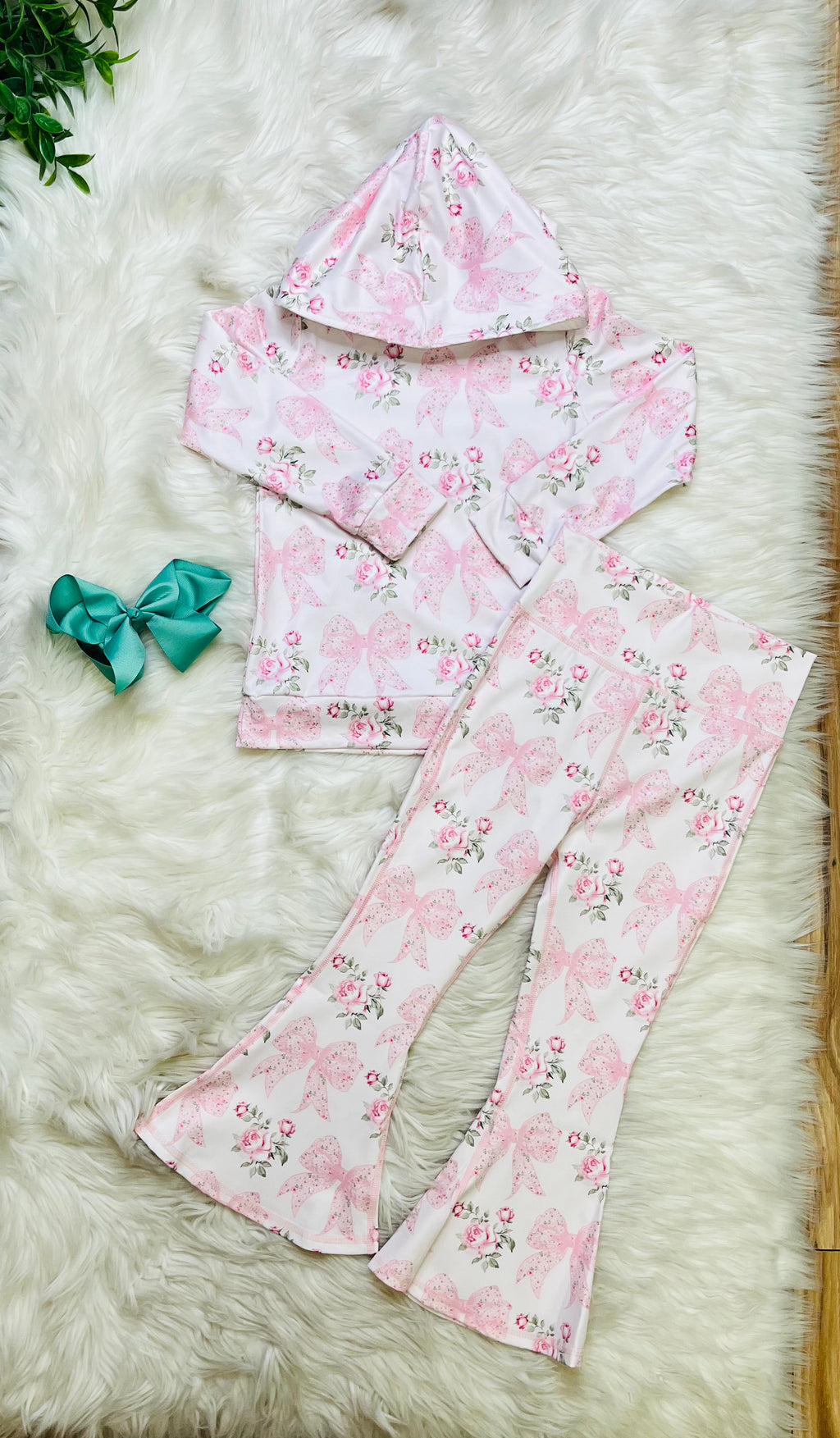 Girl’s Pink Rose Bow Hooded Outfit Set