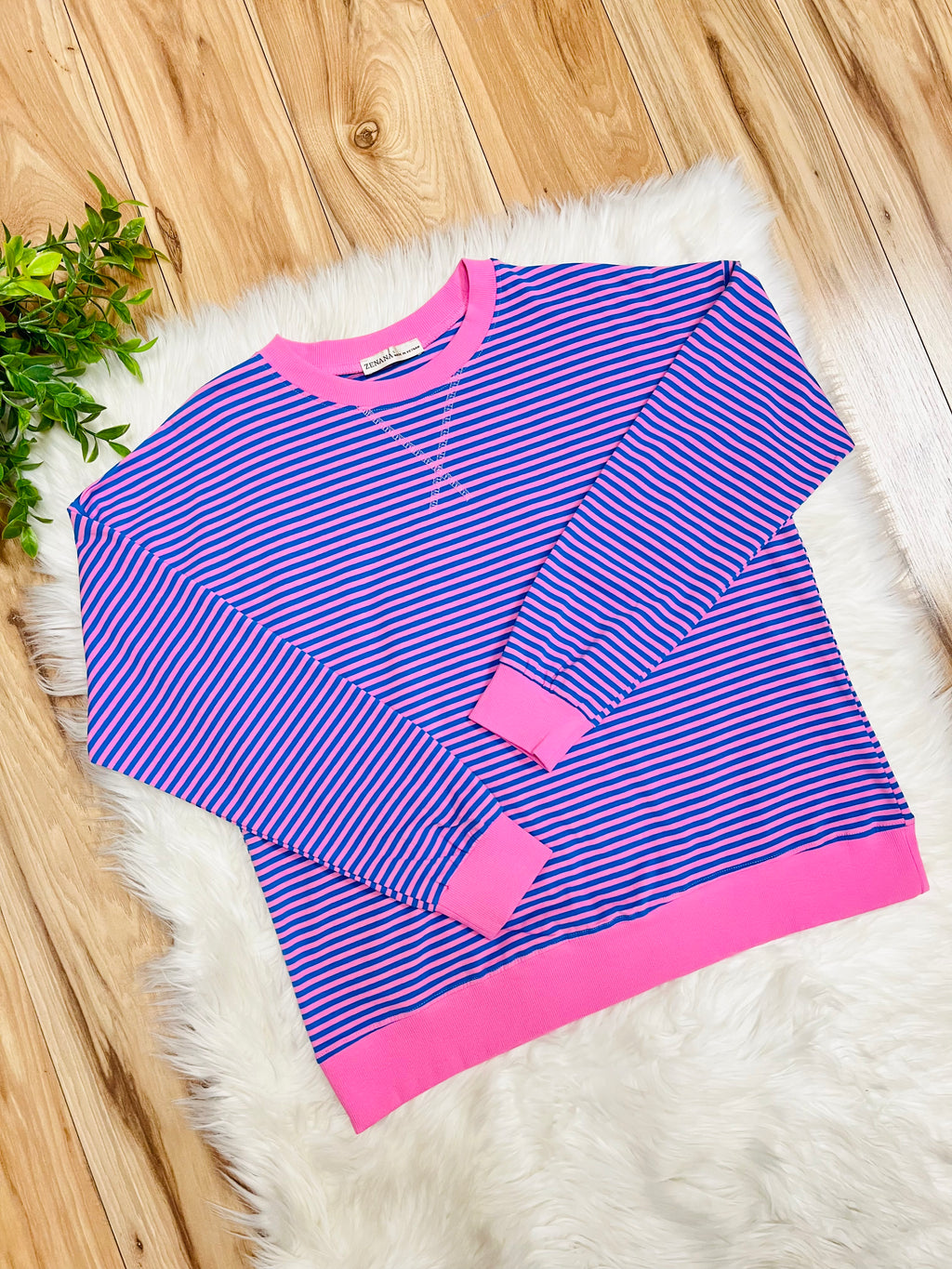 Women’s Zenana Royal Blue and Pink Stripe Long Sleeve Top