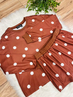 Women’s Evermmee Brown Skort Set with White Polka Dots- Loose Fit