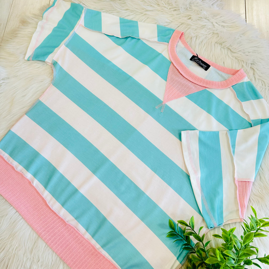 Women’s Teal Stripe Top with Pink Trim
