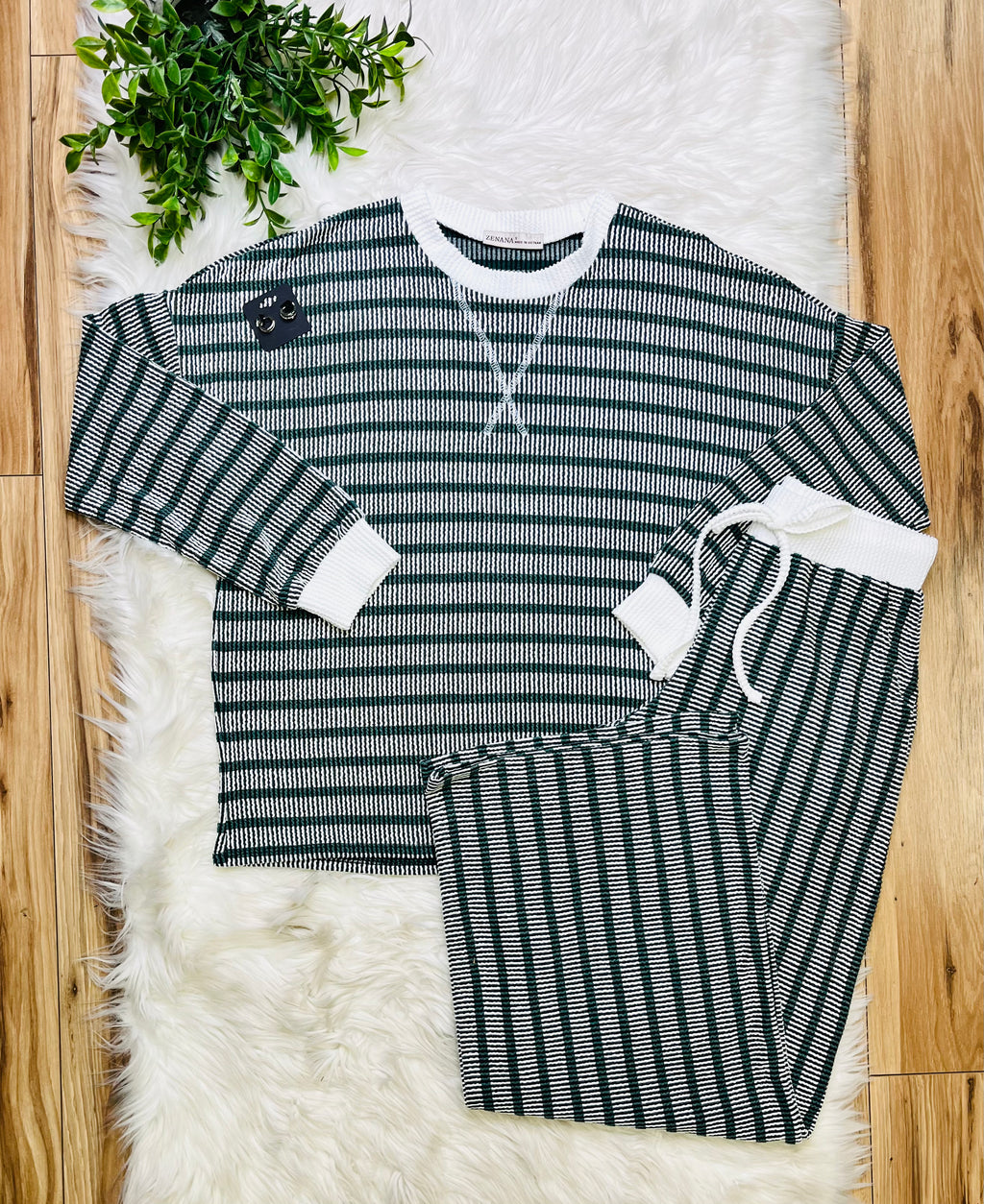 Women’s Zenana Hunter Green Striped Ribbed Pant Set