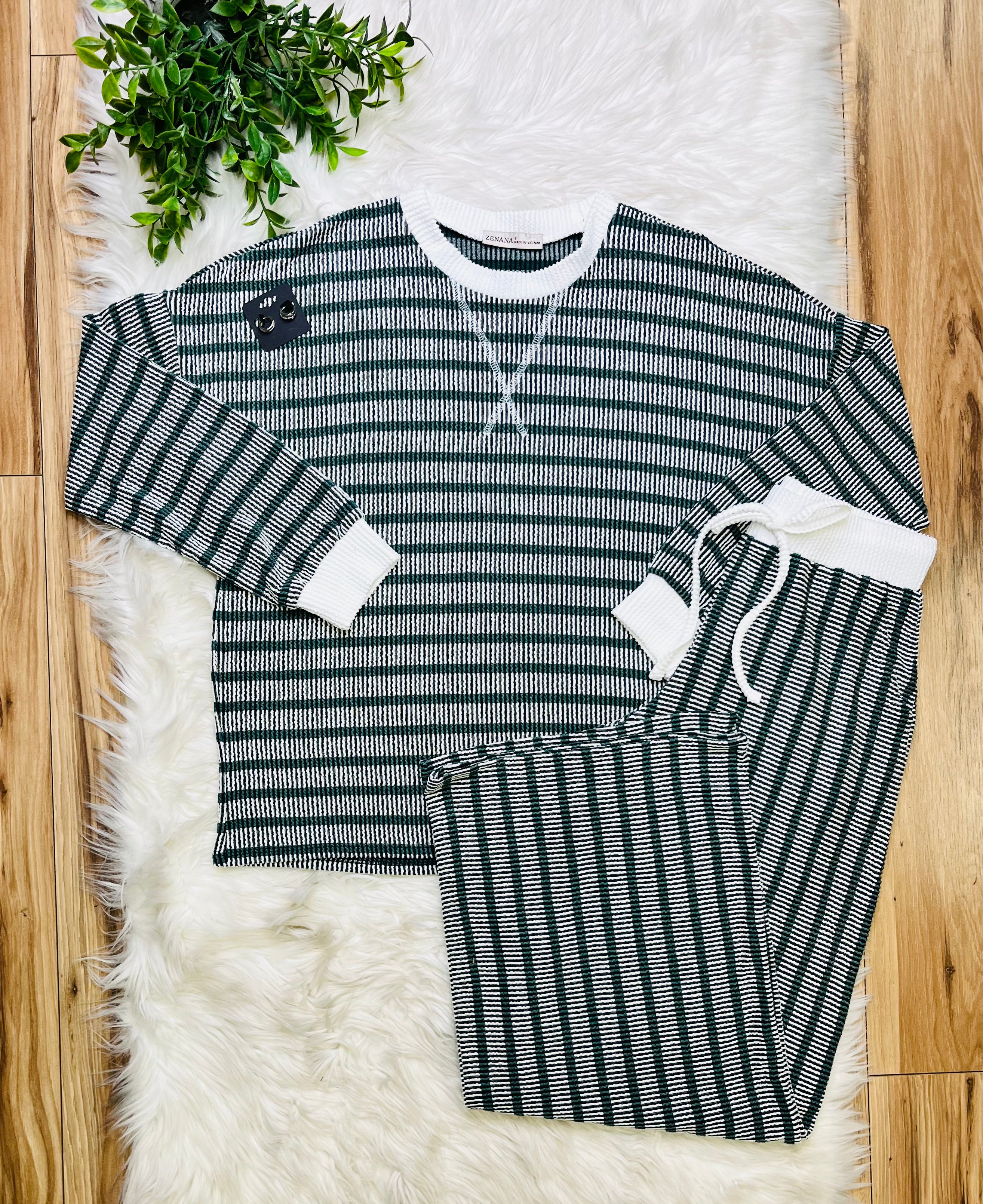 Women’s Zenana Hunter Green Striped Ribbed Pant Set
