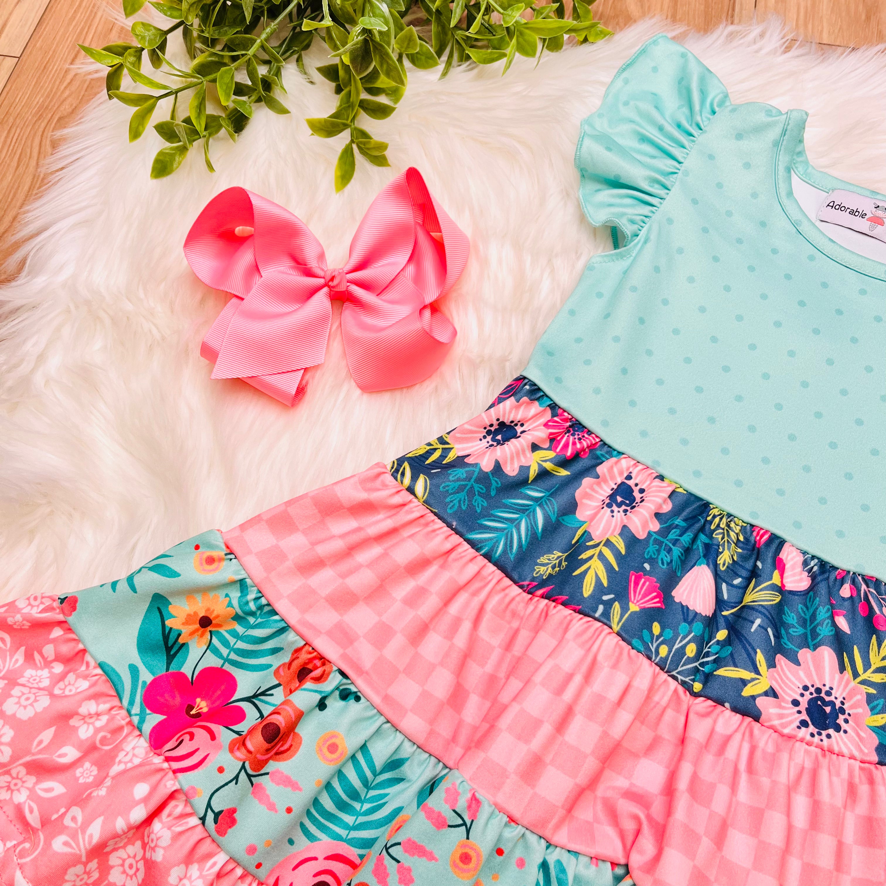 Girls Green Mixed Pattern Ruffle Dress