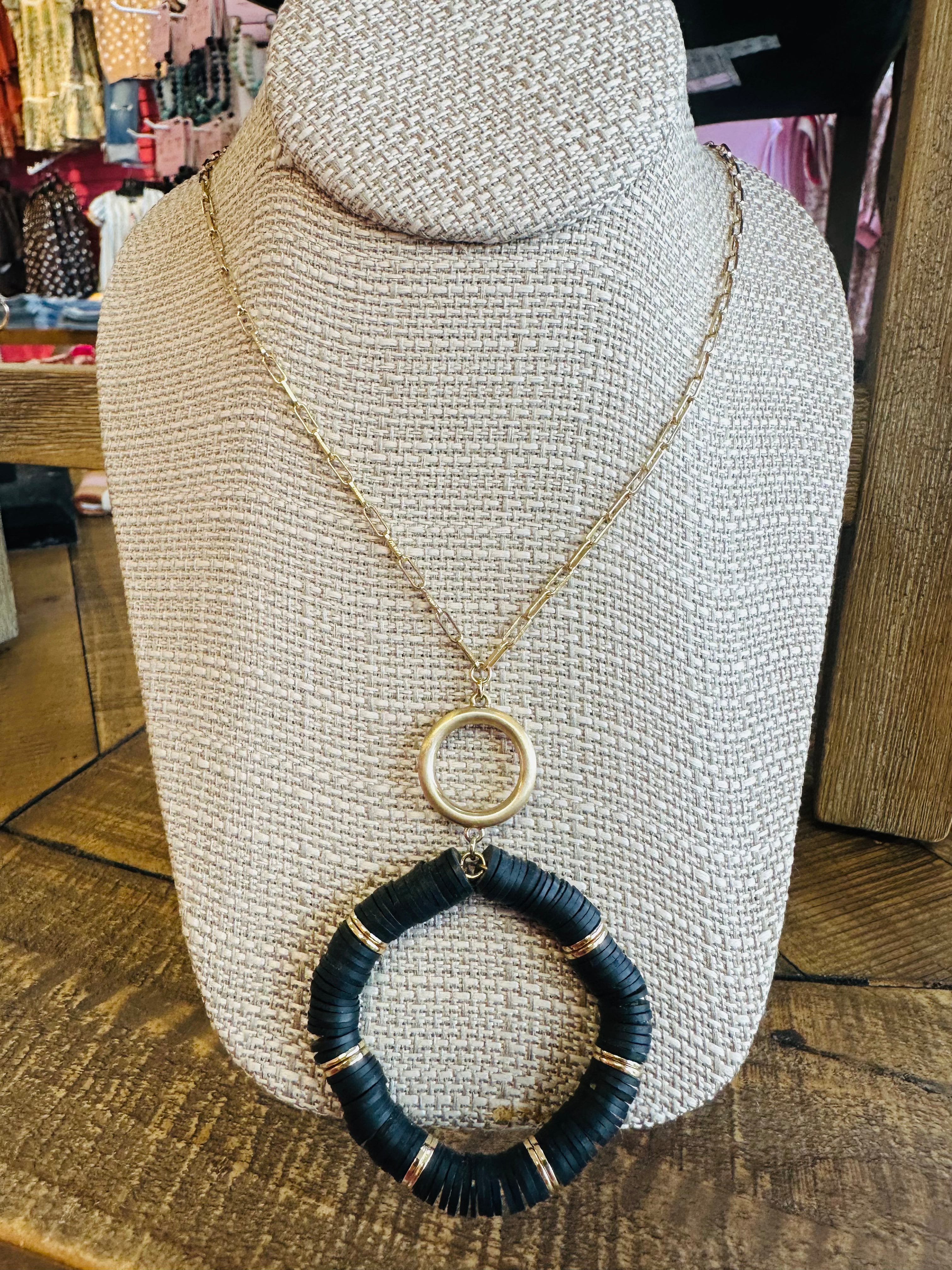 Women’s Gold and Black Circled Dangling Necklace