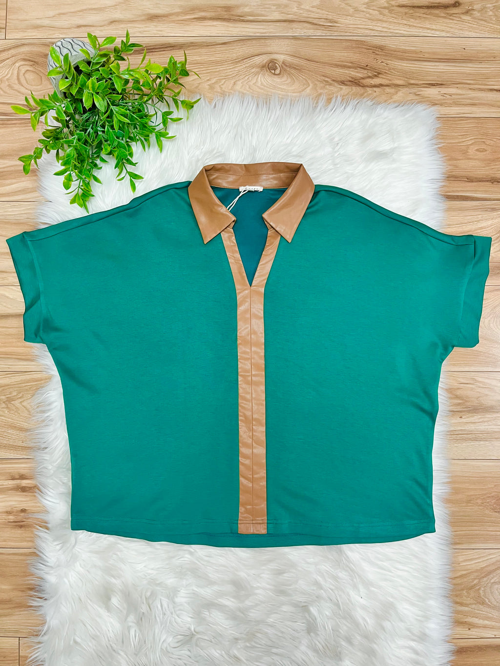 Women’s Jodifl Kelly Green V Neck Top with Leather Collar and Trim- Loose Fit