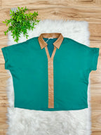 Women’s Jodifl Kelly Green V Neck Top with Leather Collar and Trim- Loose Fit