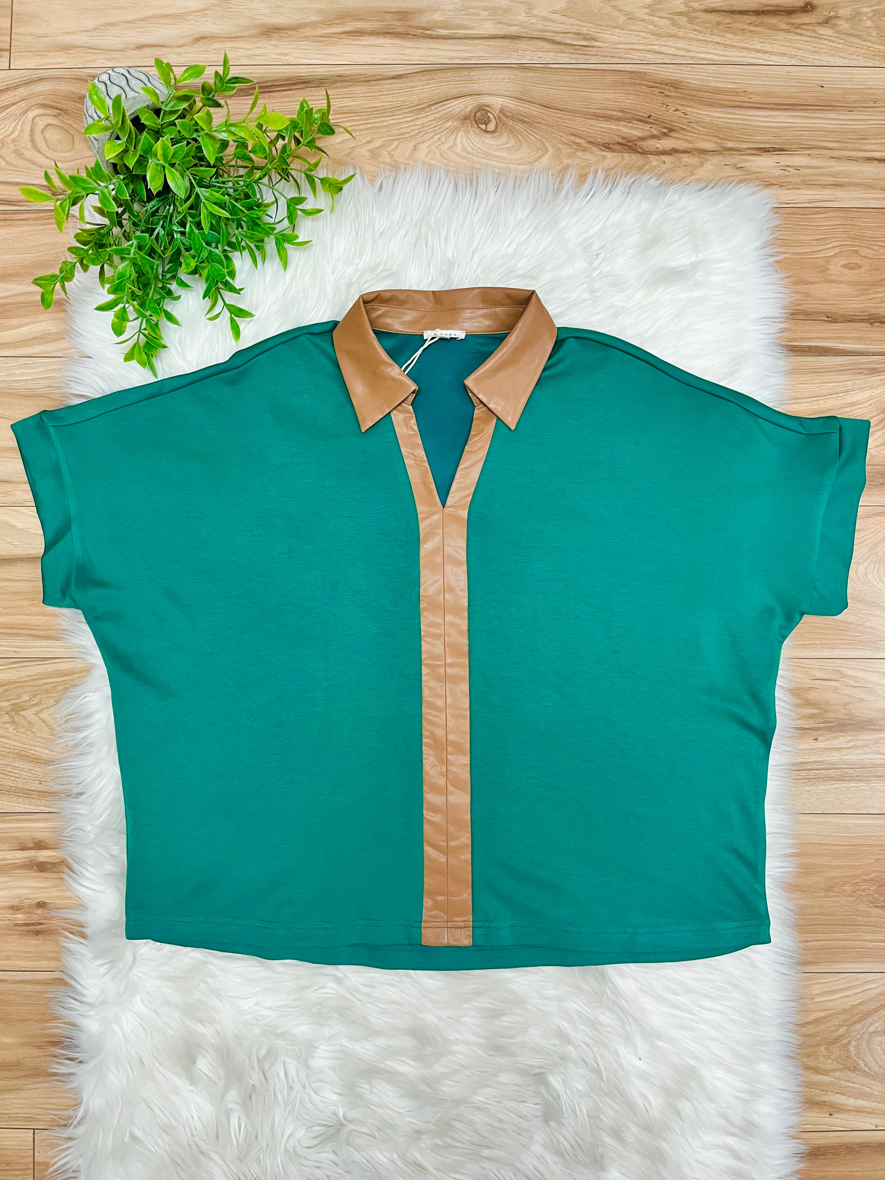 Women’s Jodifl Kelly Green V Neck Top with Leather Collar and Trim- Loose Fit