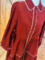 Women’s Jodifl Burgundy Button Down Long Sleeve Corduroy Dress with Scalloped Trim- True to Size