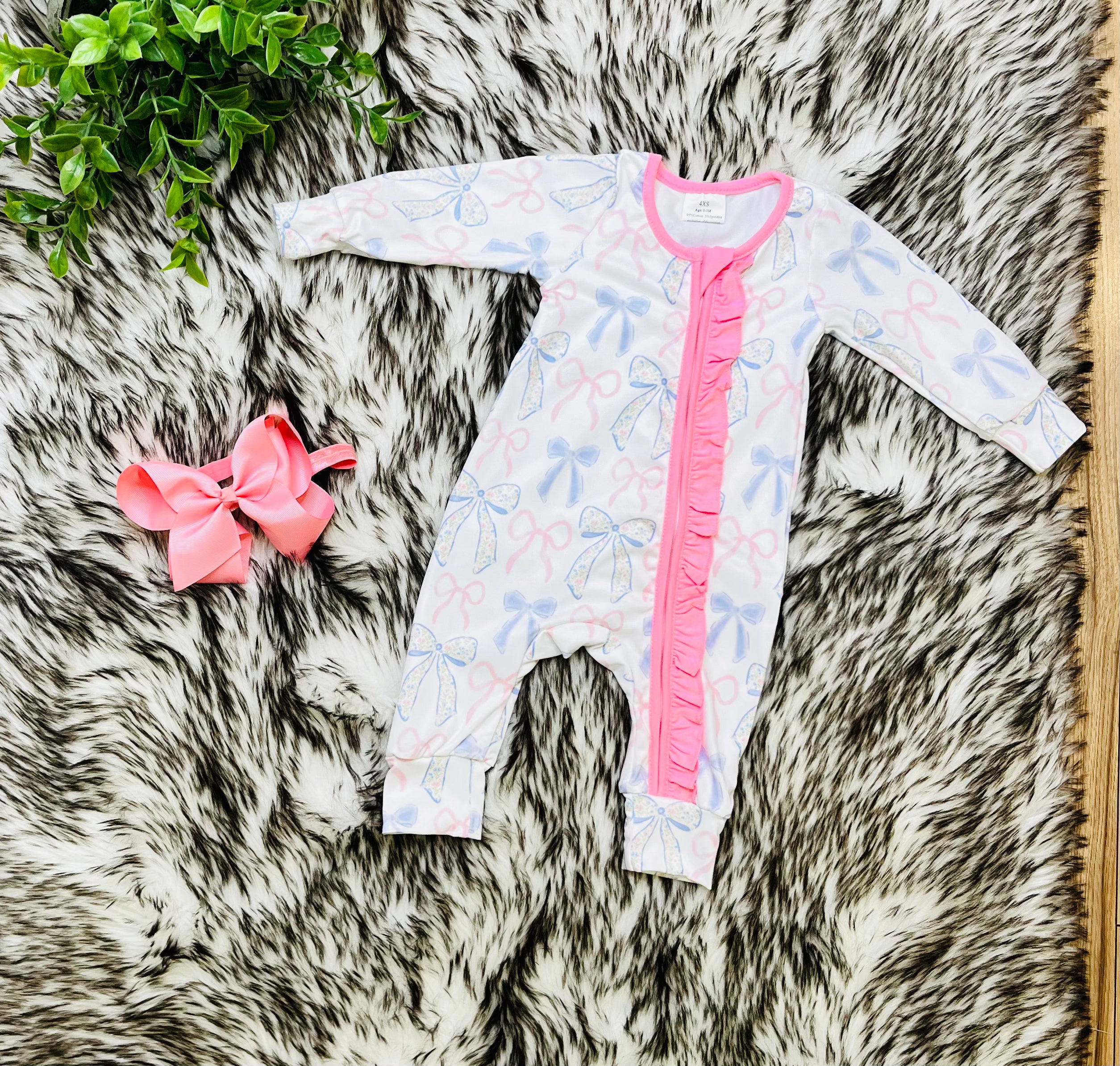 Girl’s Pink and Blue Bow Zipper Romper