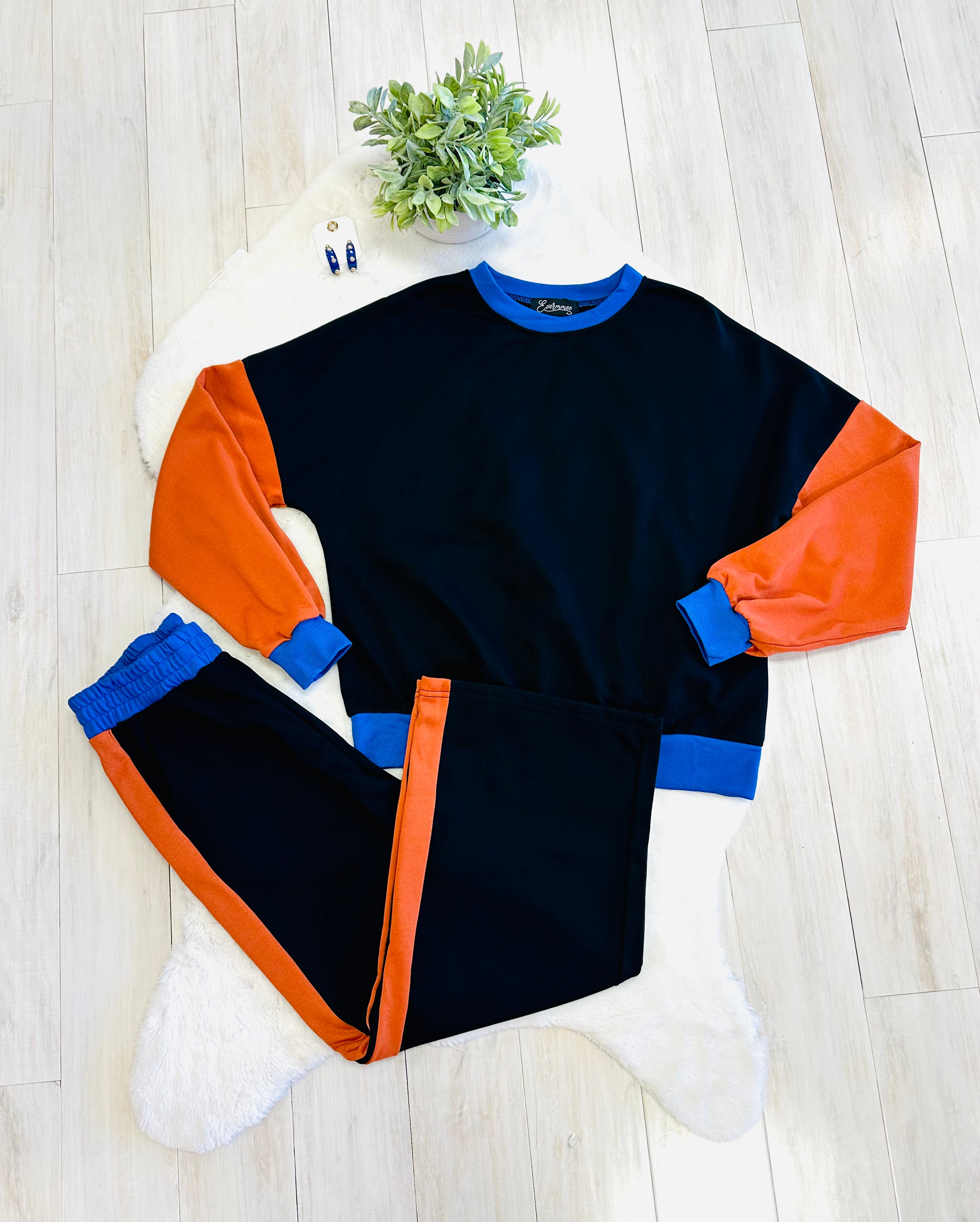 Women’s Oversized Blue & Burnt Orange Color Block Set