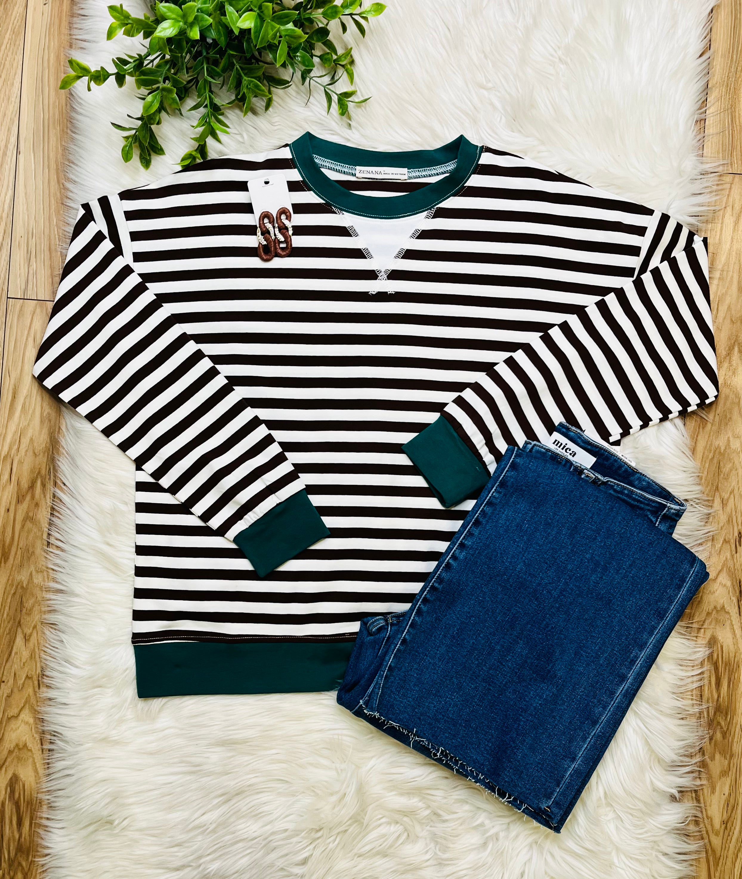 Women’s Brown and Hunter Green Stripe Top- Loose Fit
