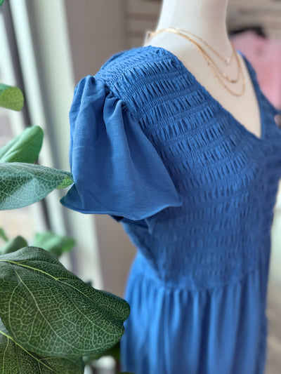Dusty Blue Smocked Midi Dress