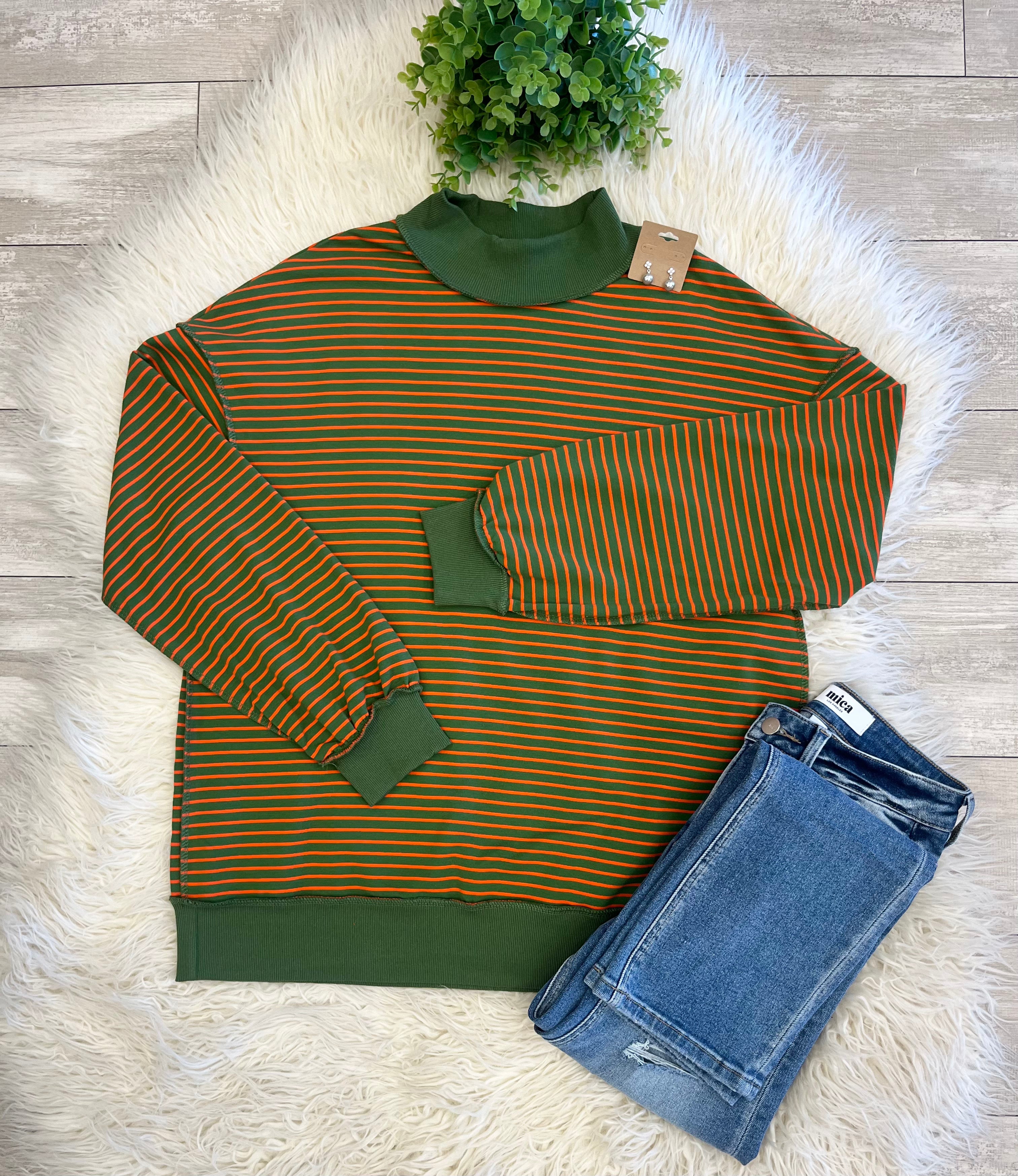 Women’s Evermmee Green & Orange Striped Mock Neck Cotton Top - True to Size with Oversized Look