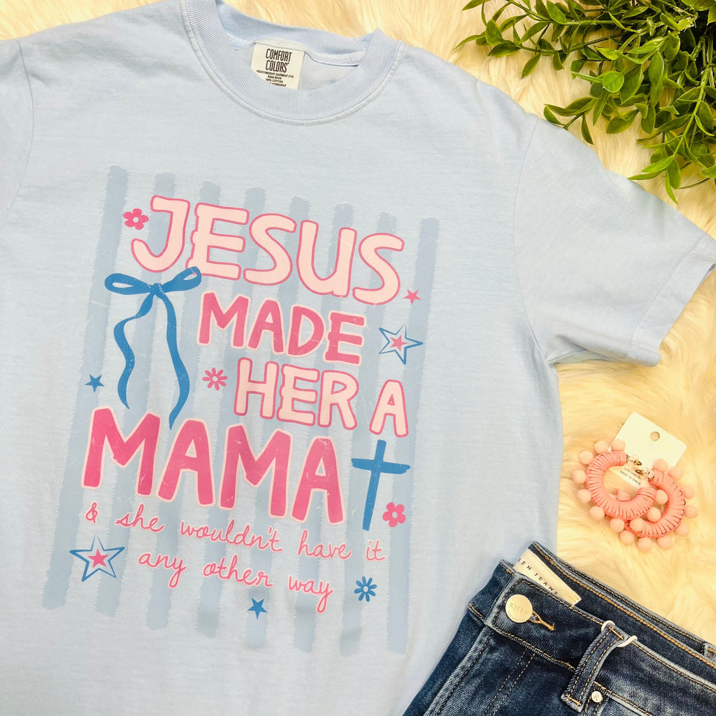 Women’s “Jesus Made Her A Mama” Blue Graphic Tee