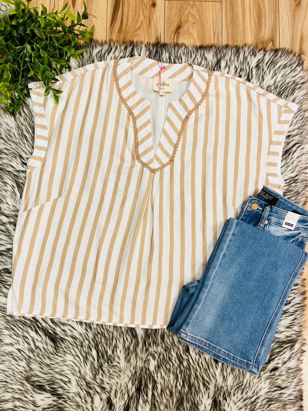Women’s Umgee Latte Stripe V Neck Top with Lace Trim- Oversized