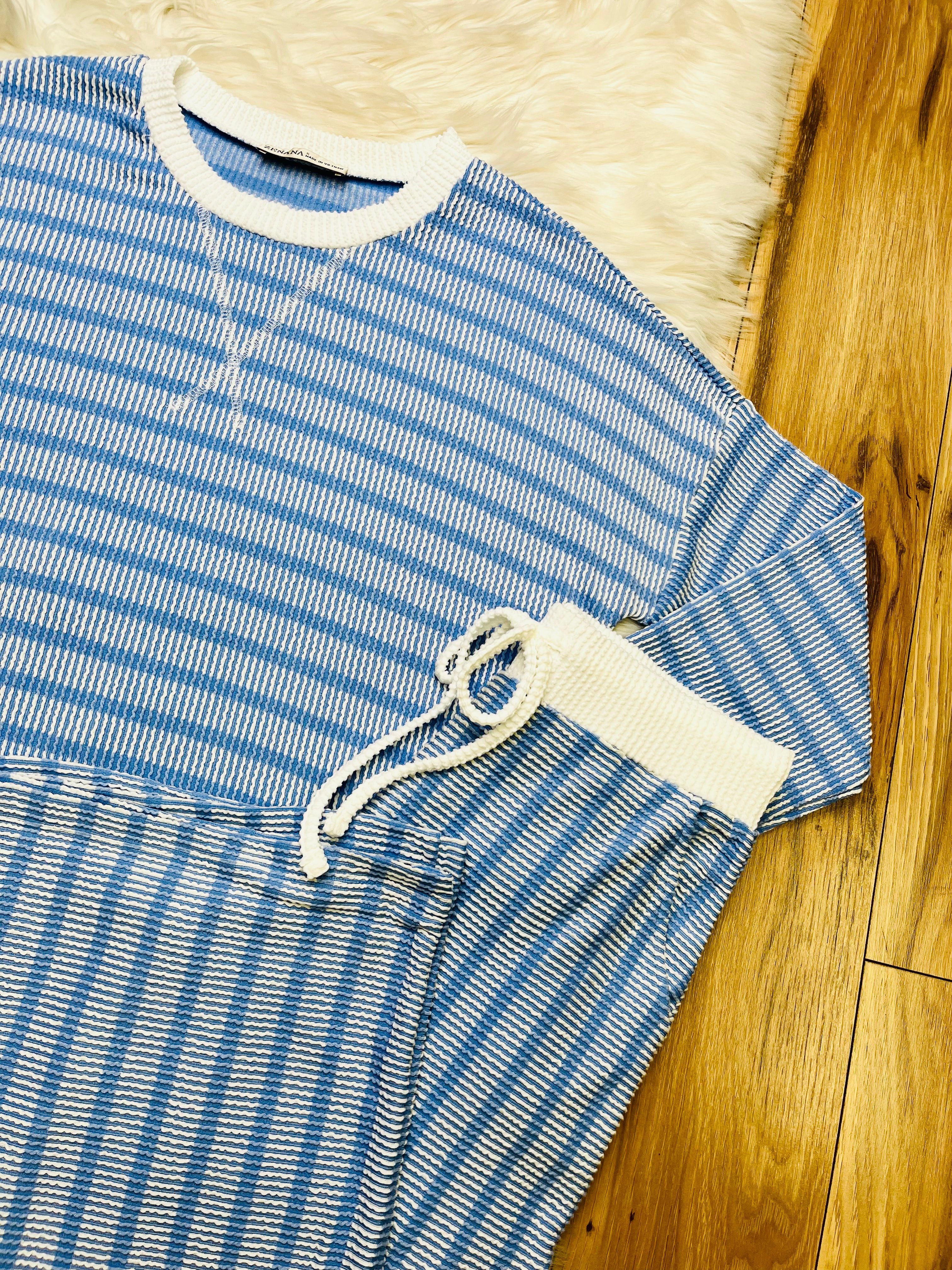 Women’s Zenana Cornflower Blue Striped Ribbed Pant Set