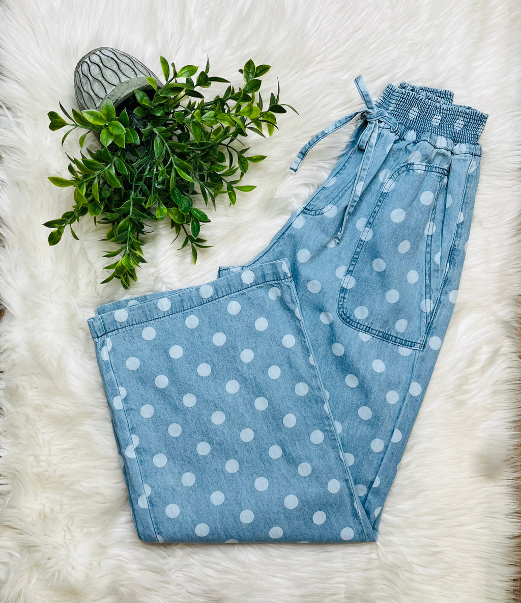 Women’s Relaxed Wide Leg Soft Polka Dot Chambray Denim Drawstring Pants