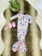 Girl’s Floral and Bow Printed Knotted Gown with Matching Headband