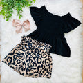Girls Black and Cheetah Short Set with Bow Detail