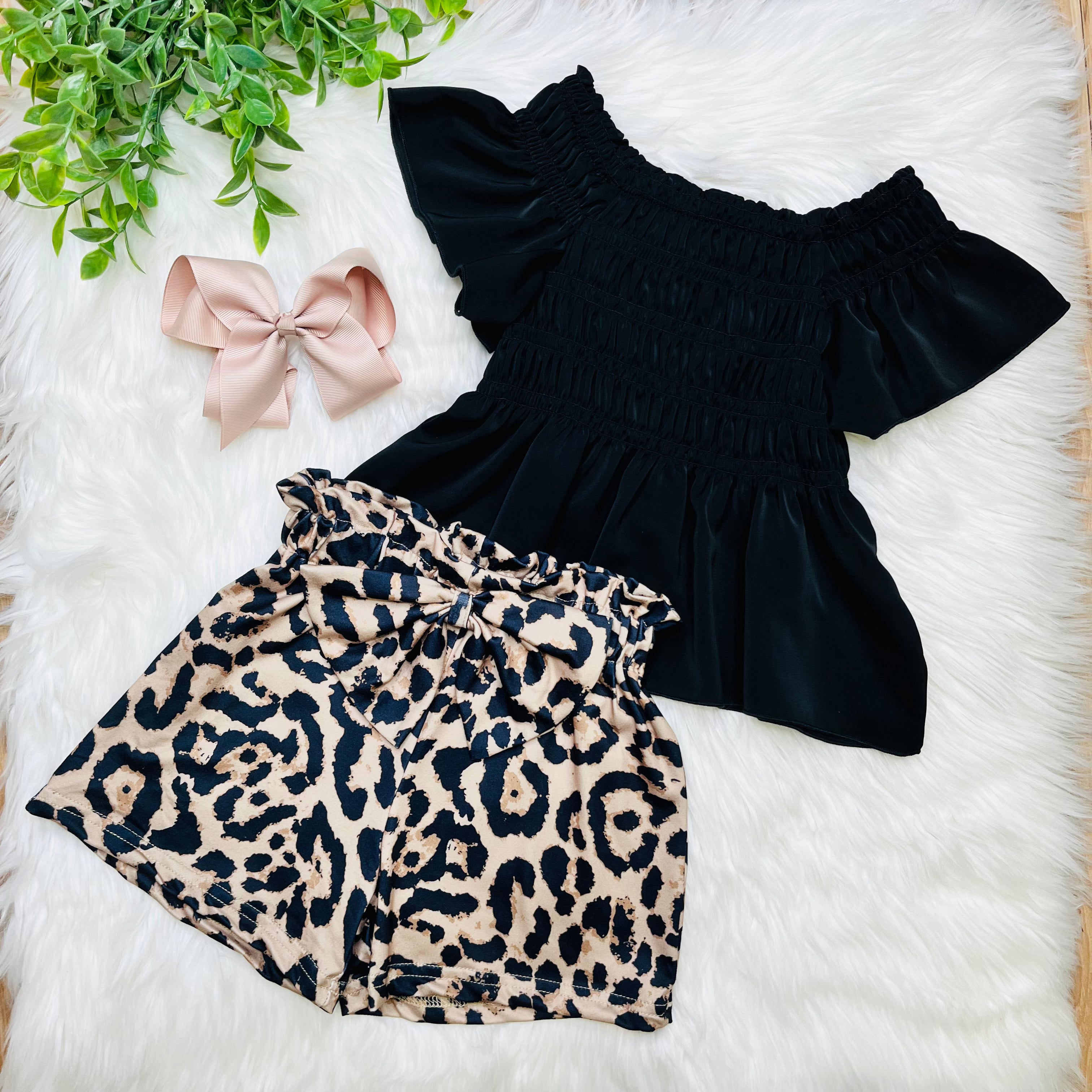 Girls Black and Cheetah Short Set with Bow Detail
