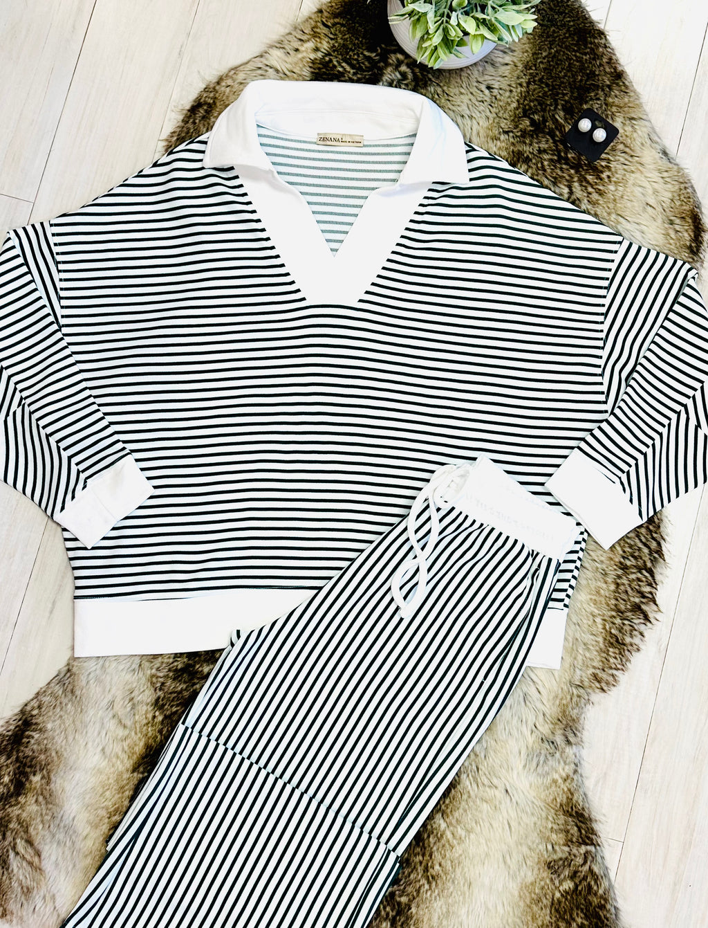 Women’s Zenana Green & White Long Sleeve Stripped Set