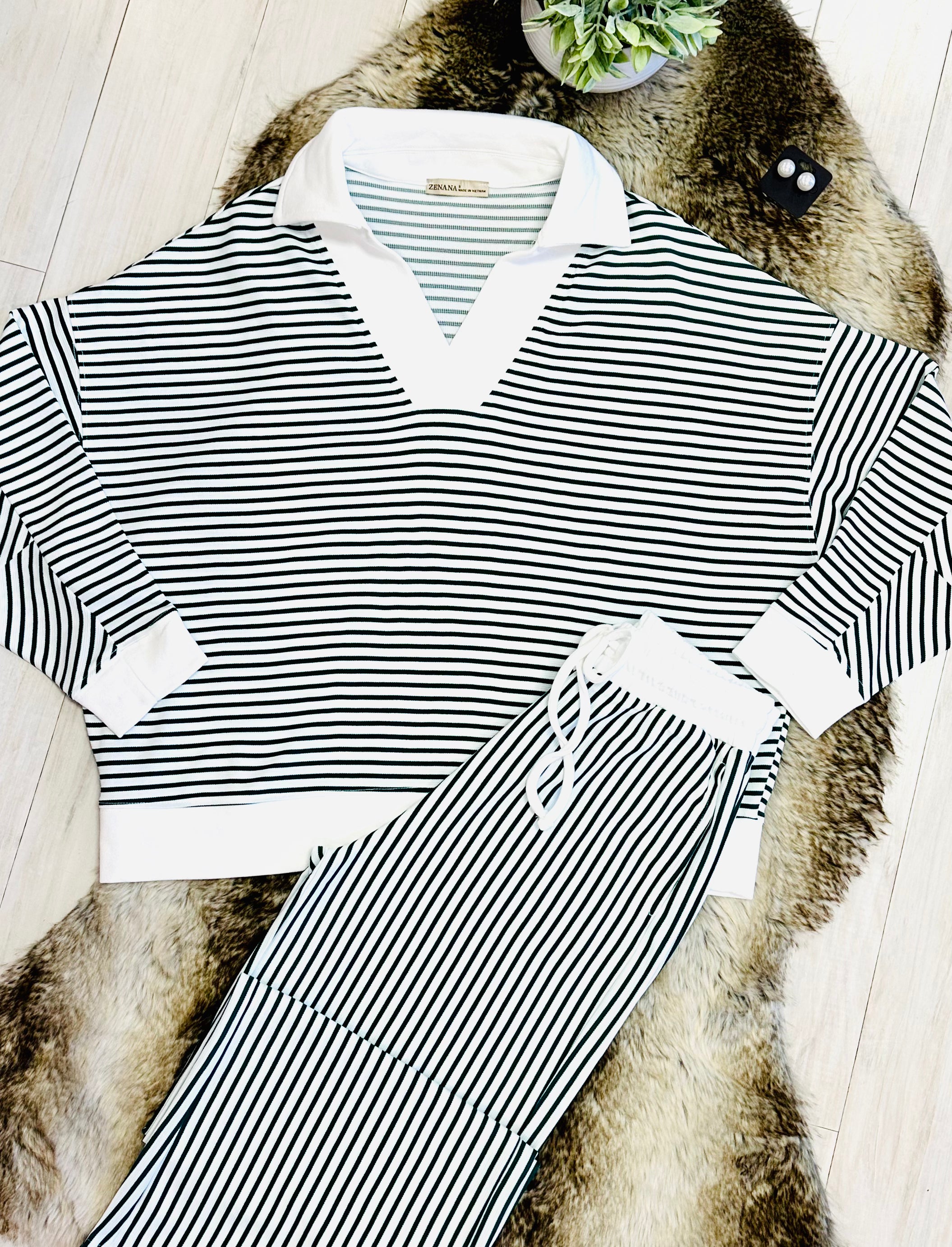 Women’s Zenana Green & White Long Sleeve Stripped Set