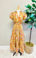 Women’s Terra Cotta Puff Sleeve Floral Dress