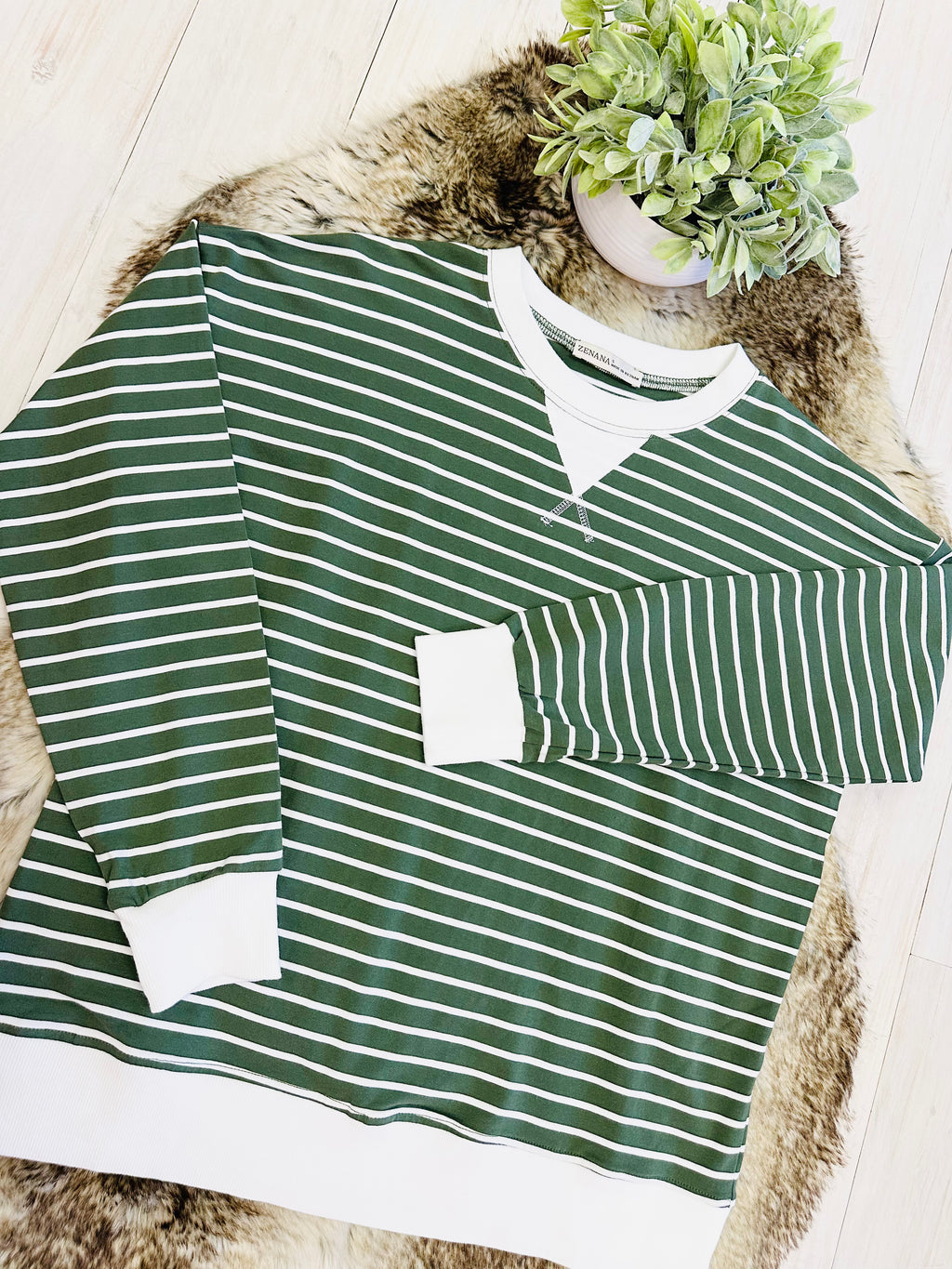 Women’s Zenana Olive Green Striped Long Sleeve Top with White Trim- True to Size