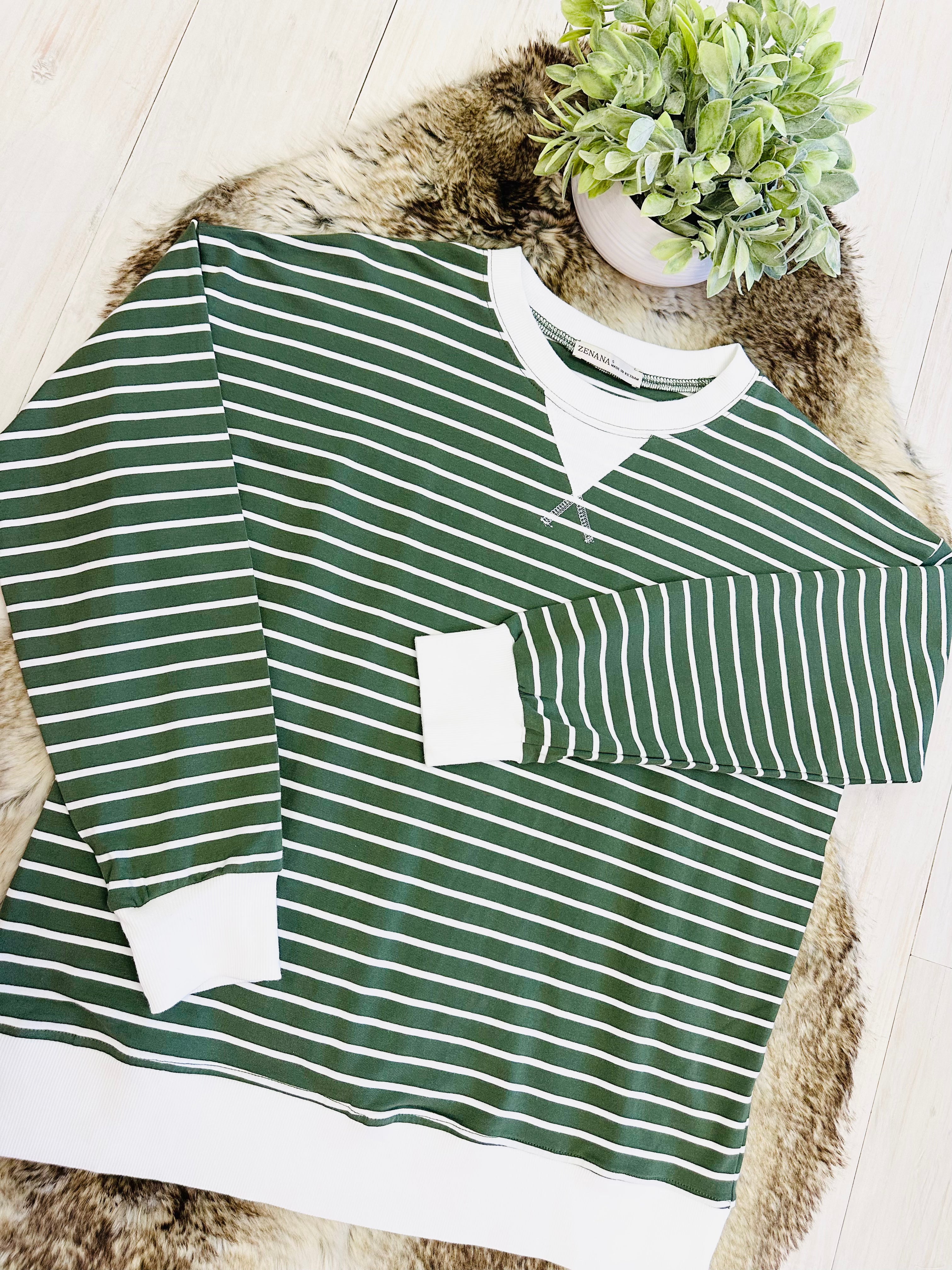 Women’s Zenana Olive Green Striped Long Sleeve Top with White Trim- True to Size