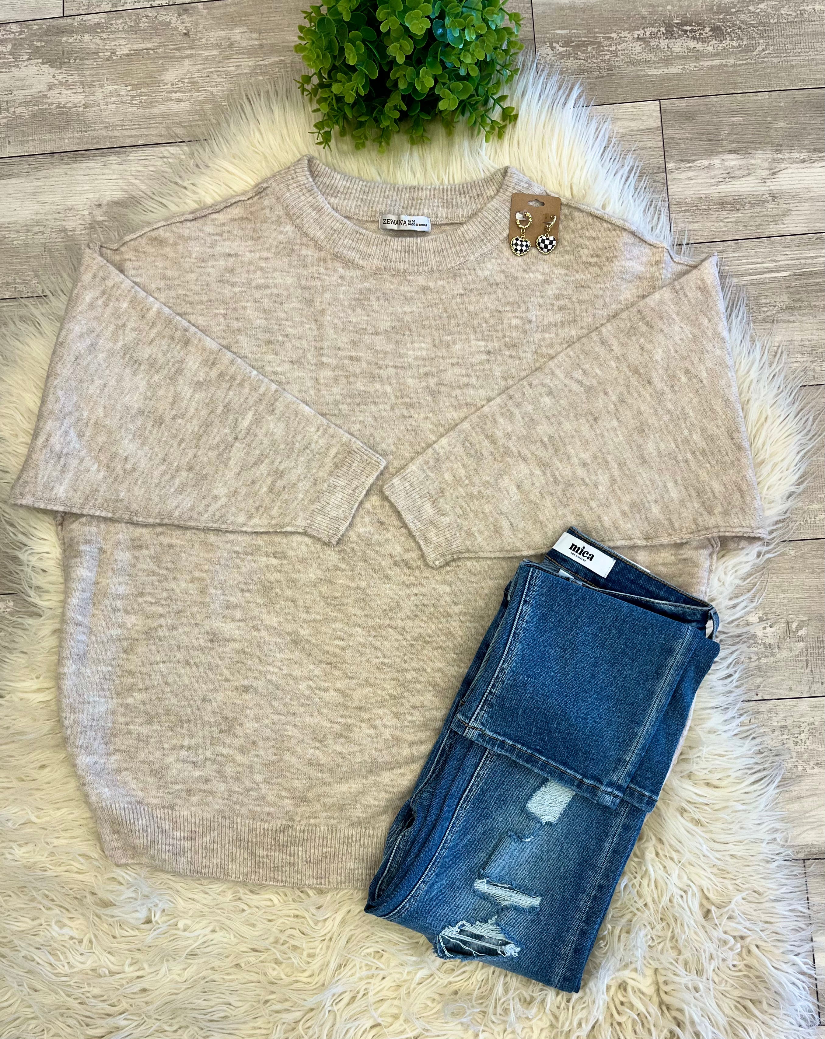 Women’s Zenana Shoulder - Drop Sweater Top in Beige