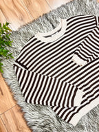Women’s Stripe Dark Brown & Cream Relaxed Sweater Top by Blu Pepper- Loose Fit