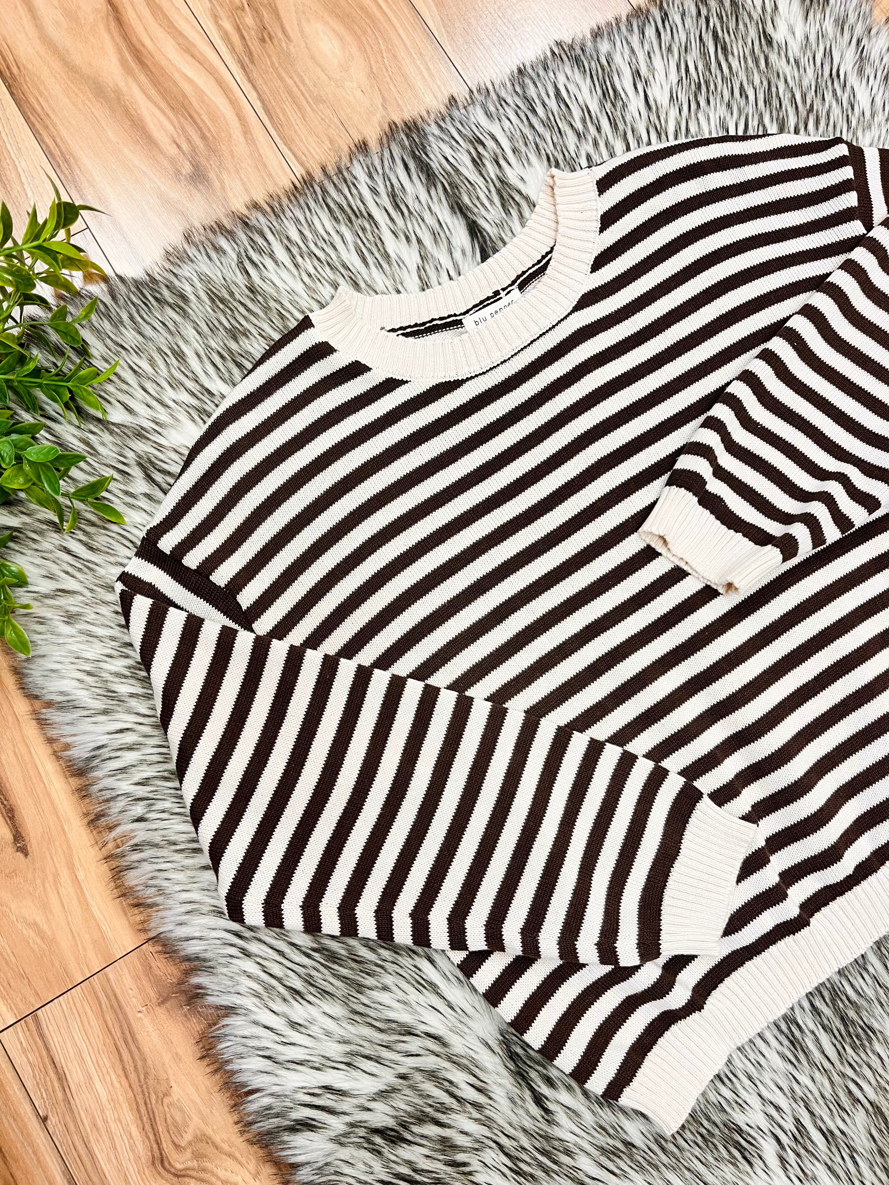 Women’s Stripe Dark Brown & Cream Relaxed Sweater Top by Blu Pepper- Loose Fit
