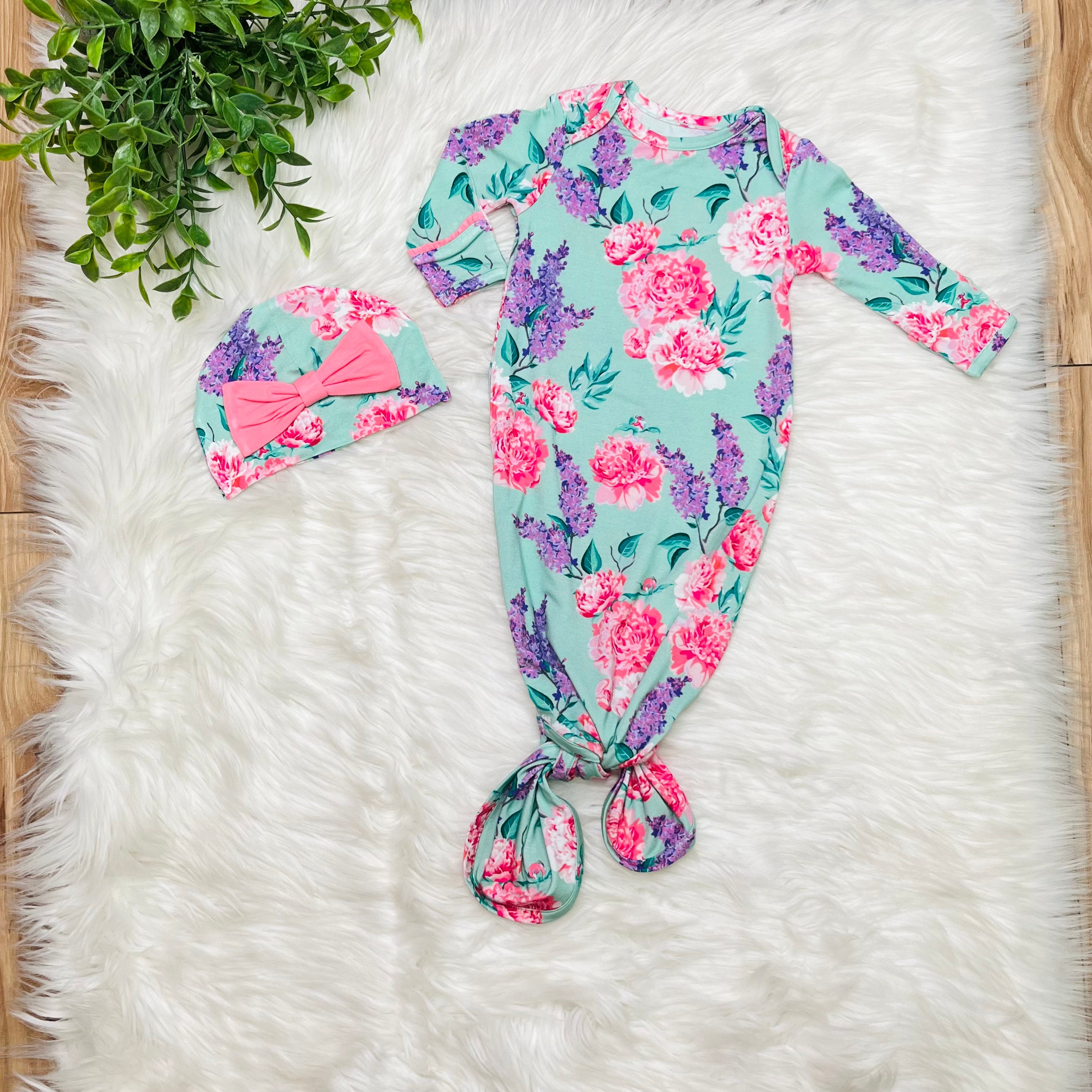 Girl’s Sage Garden Knotted Gown and Hat Set