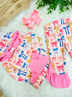 Girl’s Bow Print Hooded Outfit with Pink Ruffle Trim