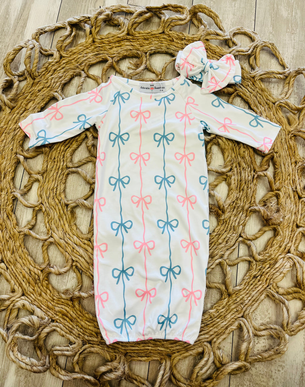 Girl’s Blue and Pink Bow Baby Gown with Matching Headband Bow