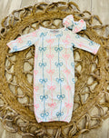 Girl’s Blue and Pink Bow Baby Gown with Matching Headband Bow