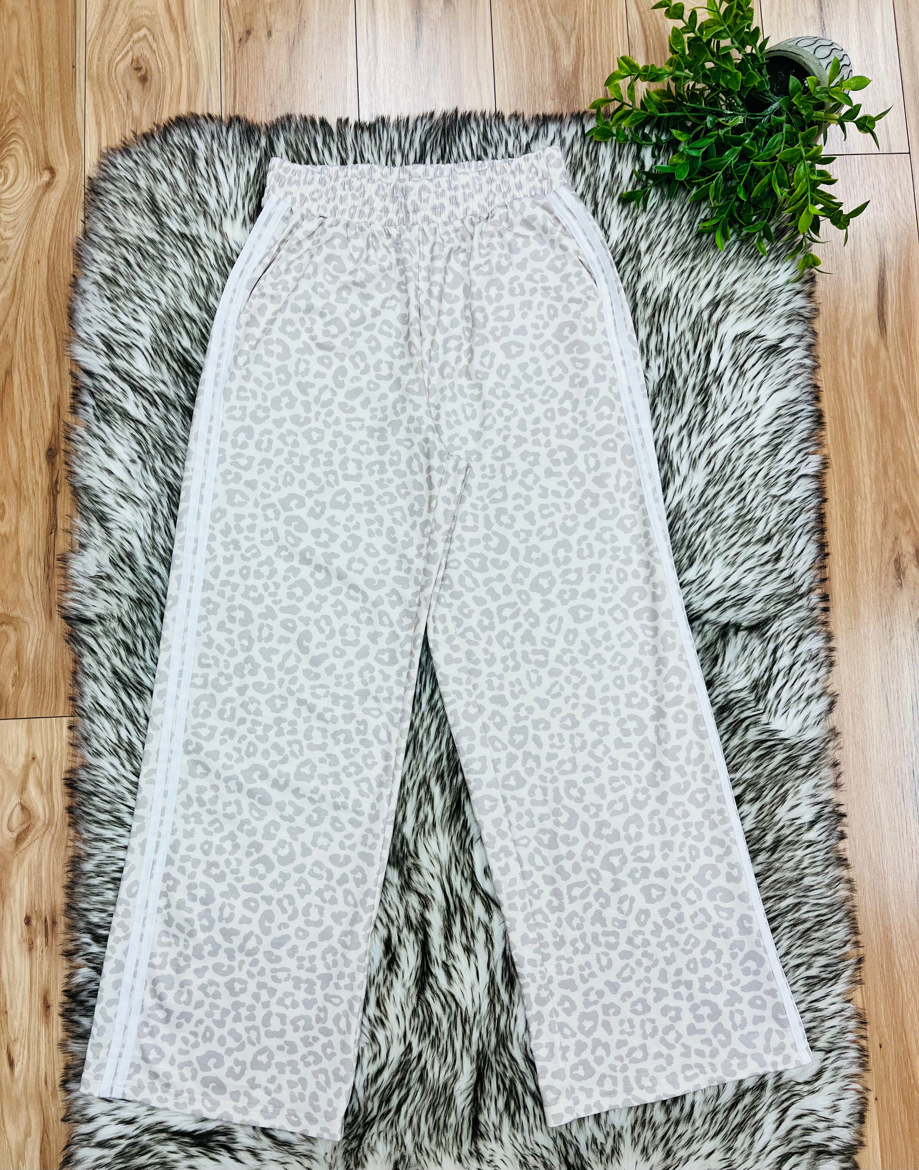 Women’s Taupe & Grey Leopard Pant Set with Stripe Detail- True to Size