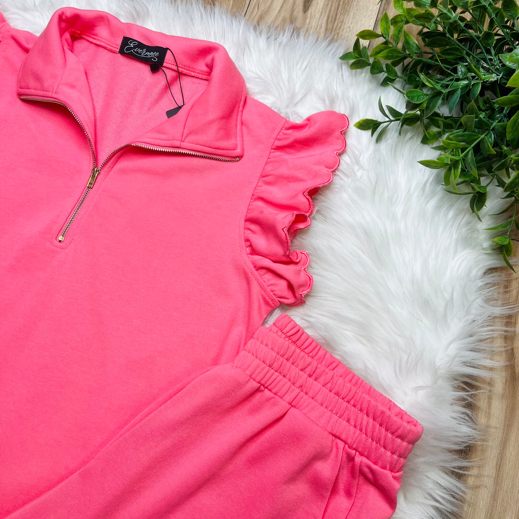 Women’s Pink Half Zip Flutter Sleeve Short Set