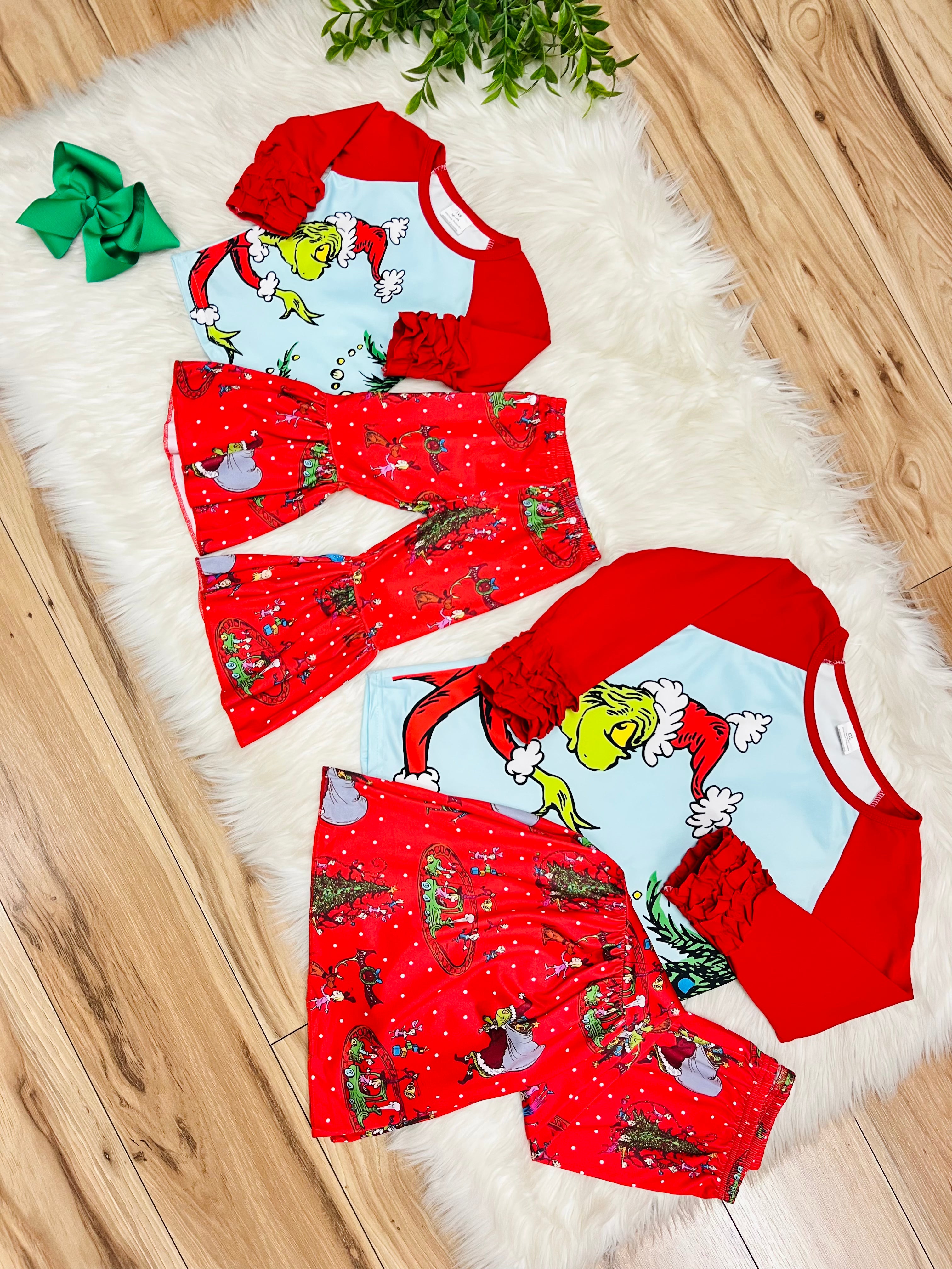 Girl’s Grinch Flare Pant Outfit with Ruffles