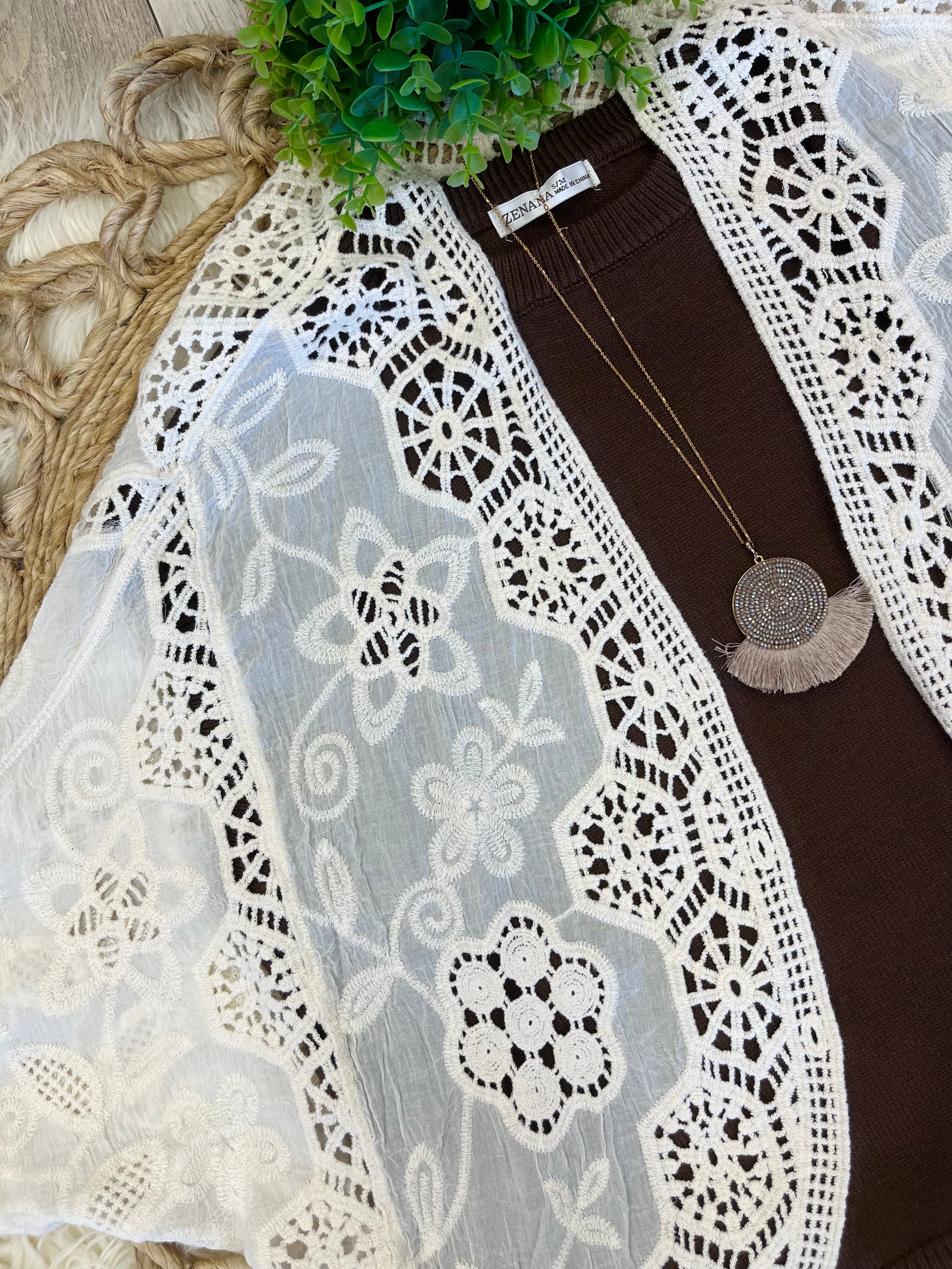 Women’s Crochet Lace Embroidered Kimono Cardigan - Oversized Fit