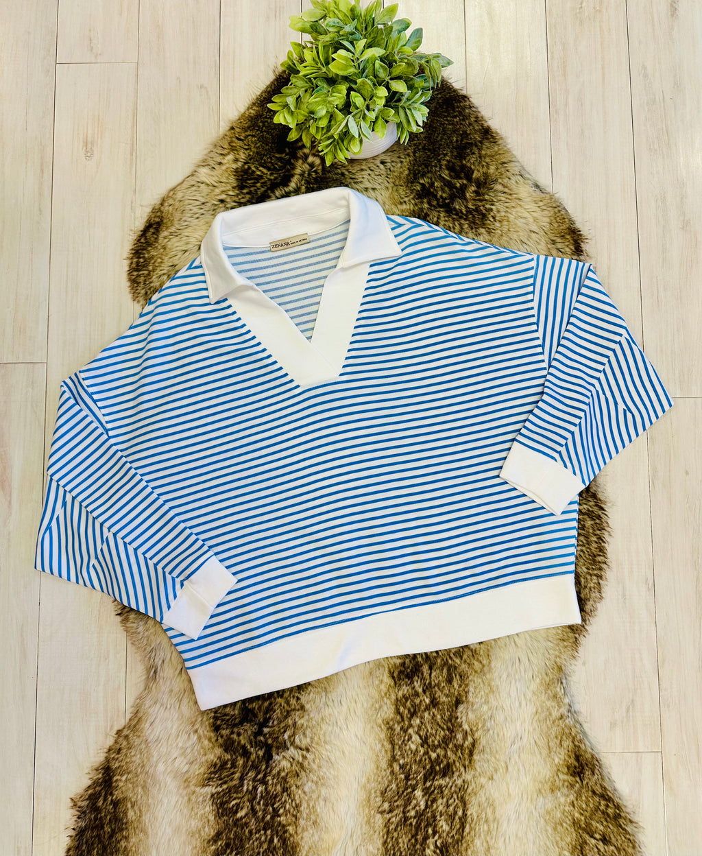 Women’s Zenana White & Light Blue Long Sleeve Stripped Set