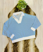 Women’s Zenana White & Light Blue Long Sleeve Stripped Set