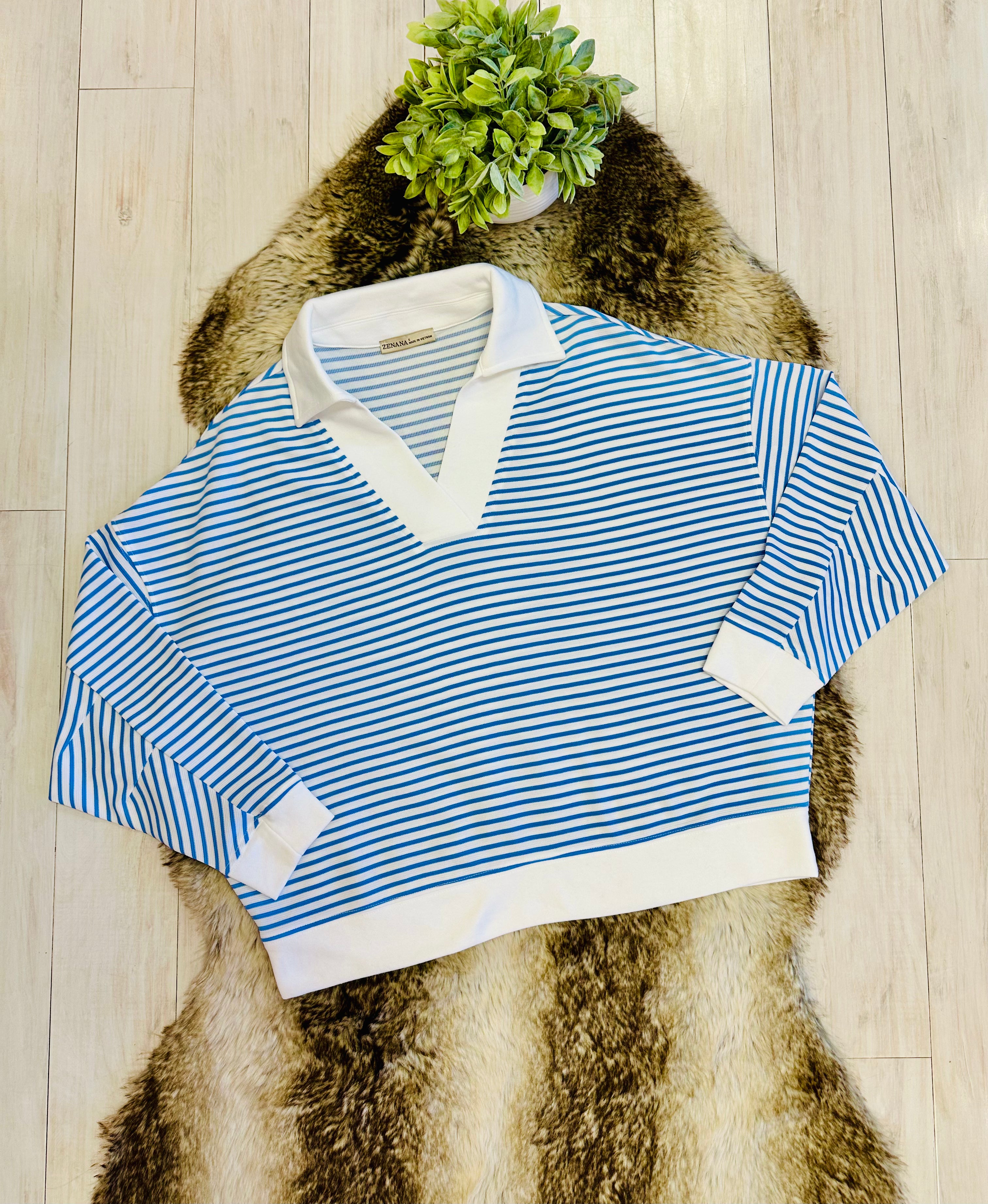 Women’s Zenana White & Light Blue Long Sleeve Stripped Set