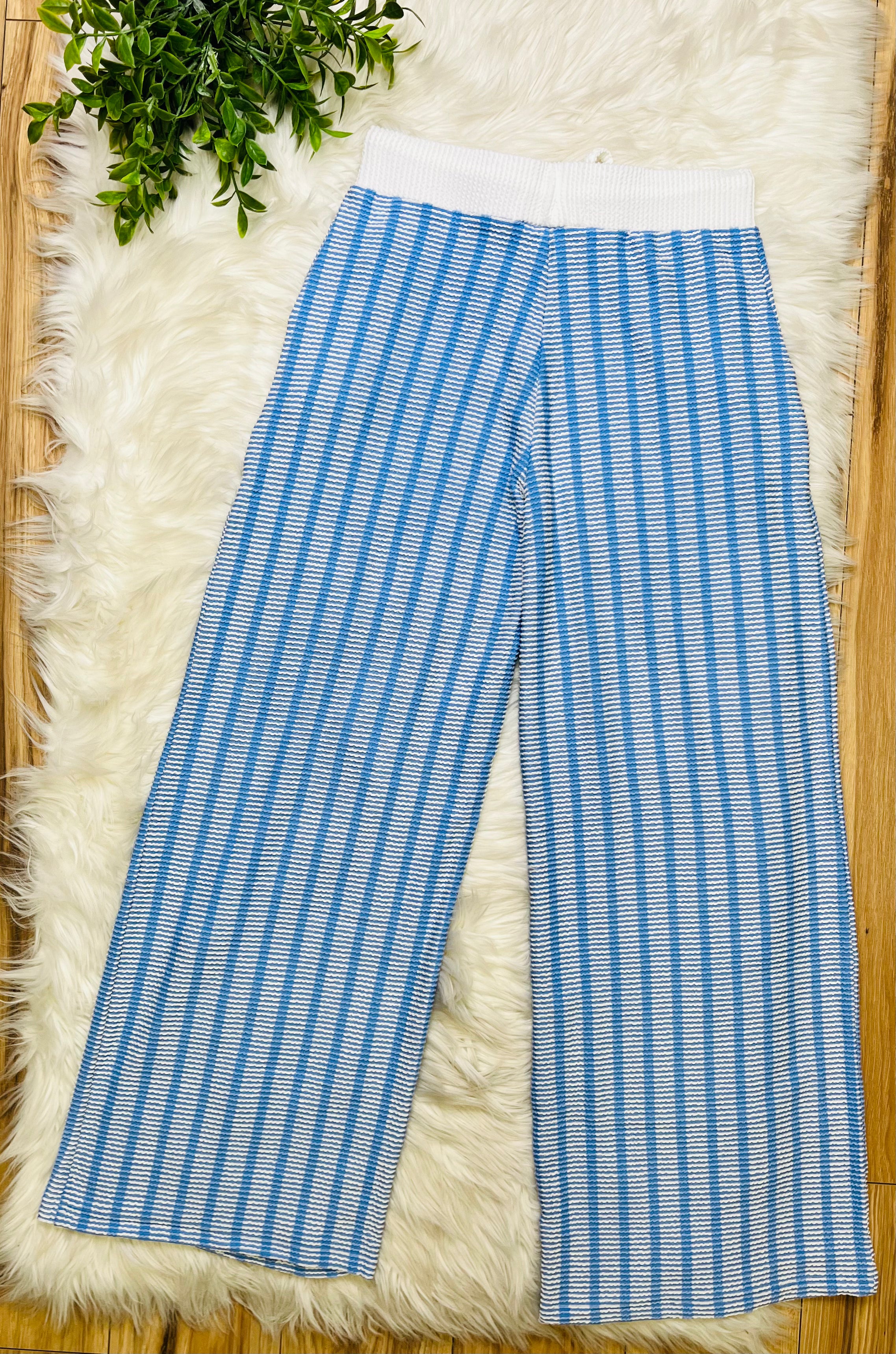 Women’s Zenana Cornflower Blue Striped Ribbed Pant Set