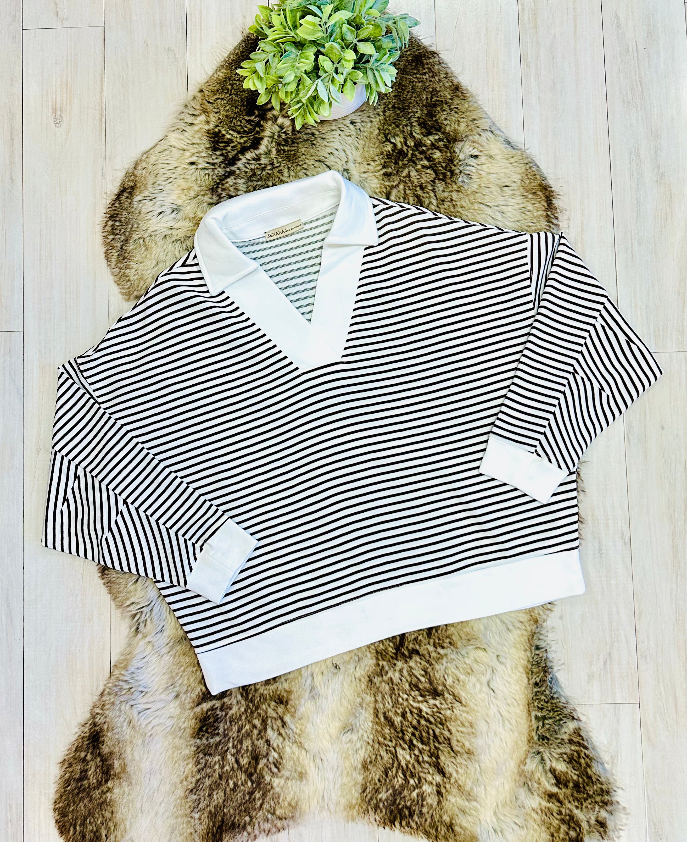 Women’s Zenana Brown & White Long Sleeve Stripped Set