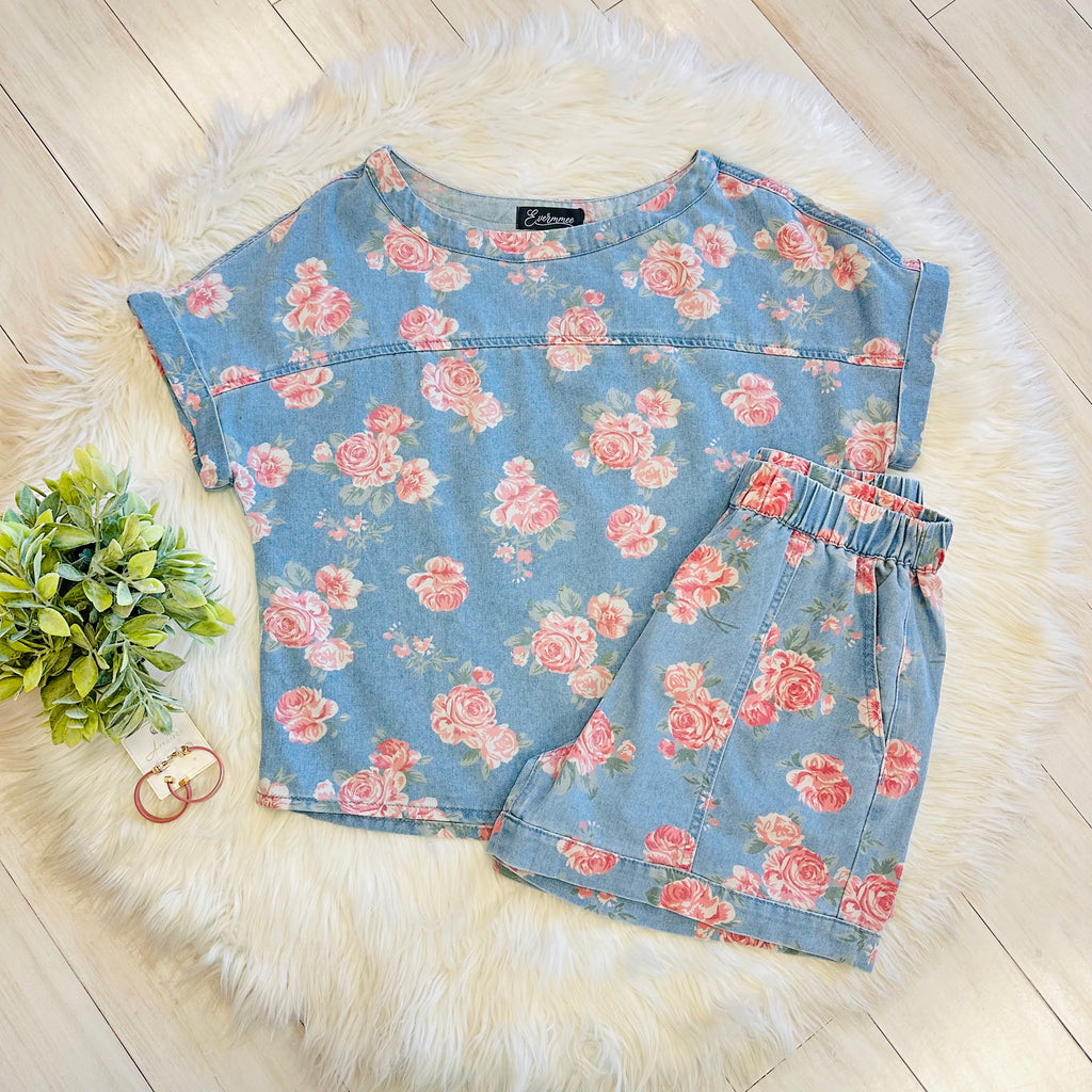 Women’s Evermmee Denim Floral Short Set