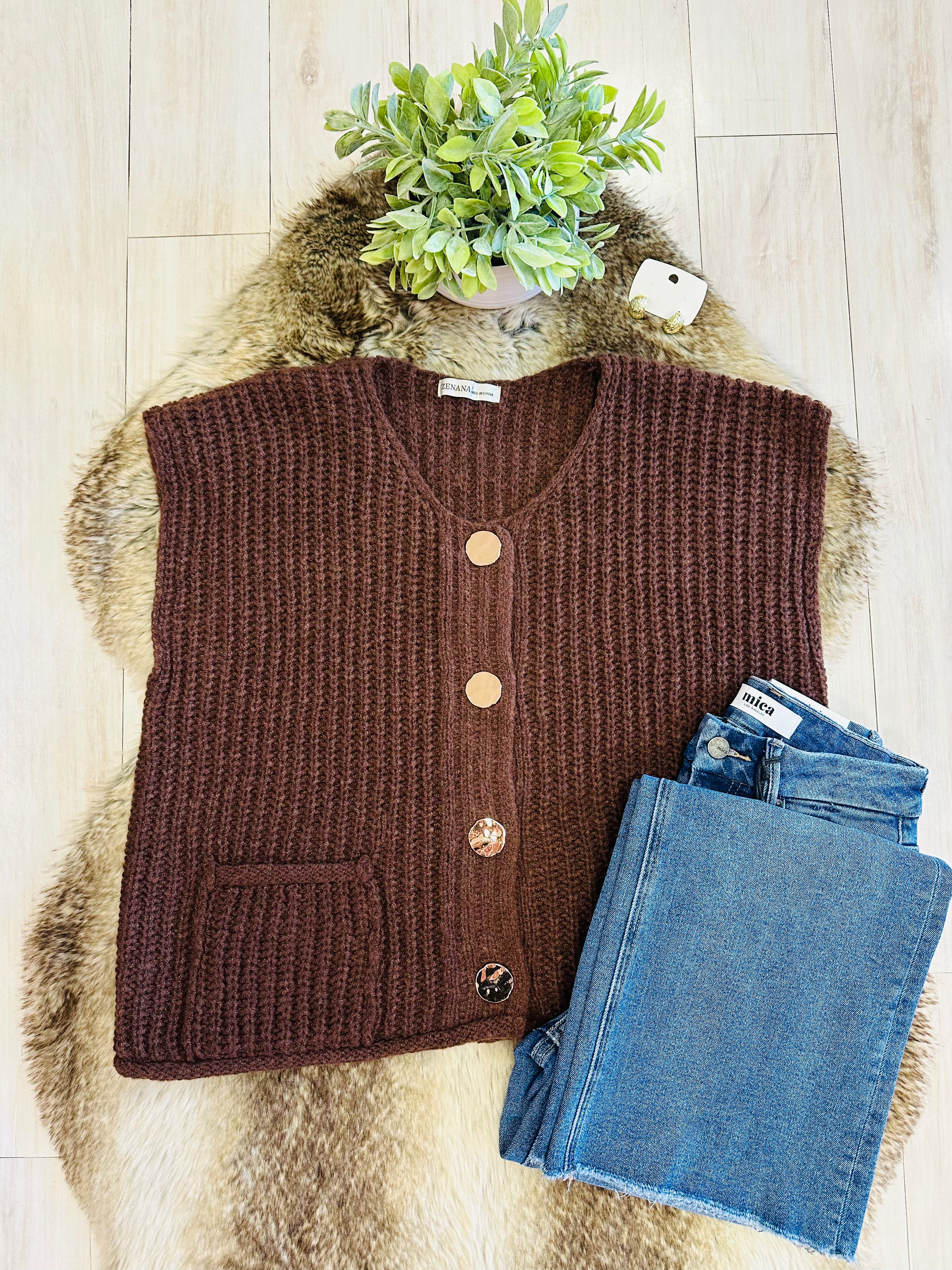 Women’s Chocolate Brown Knitted Button Down Vest Top by Zenana- Loose Fit