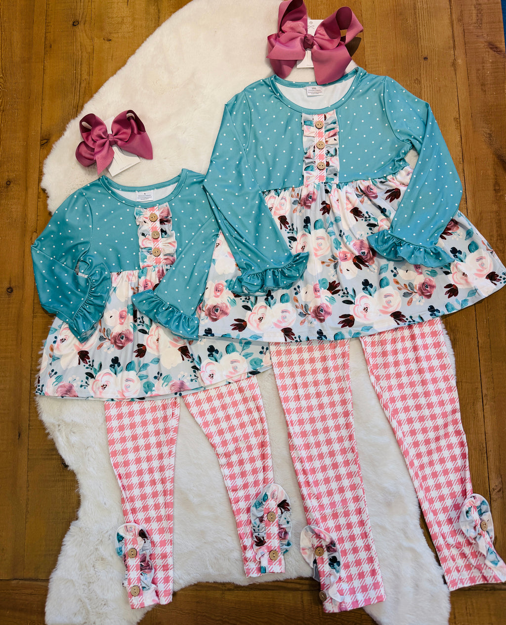 Girls Floral and Plaid Turquoise Outfit
