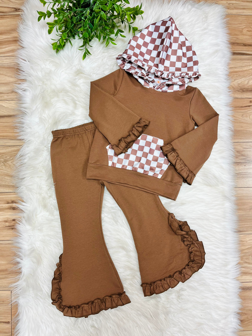 Girl’s Brown Check Hooded Outfit with Ruffle Trim